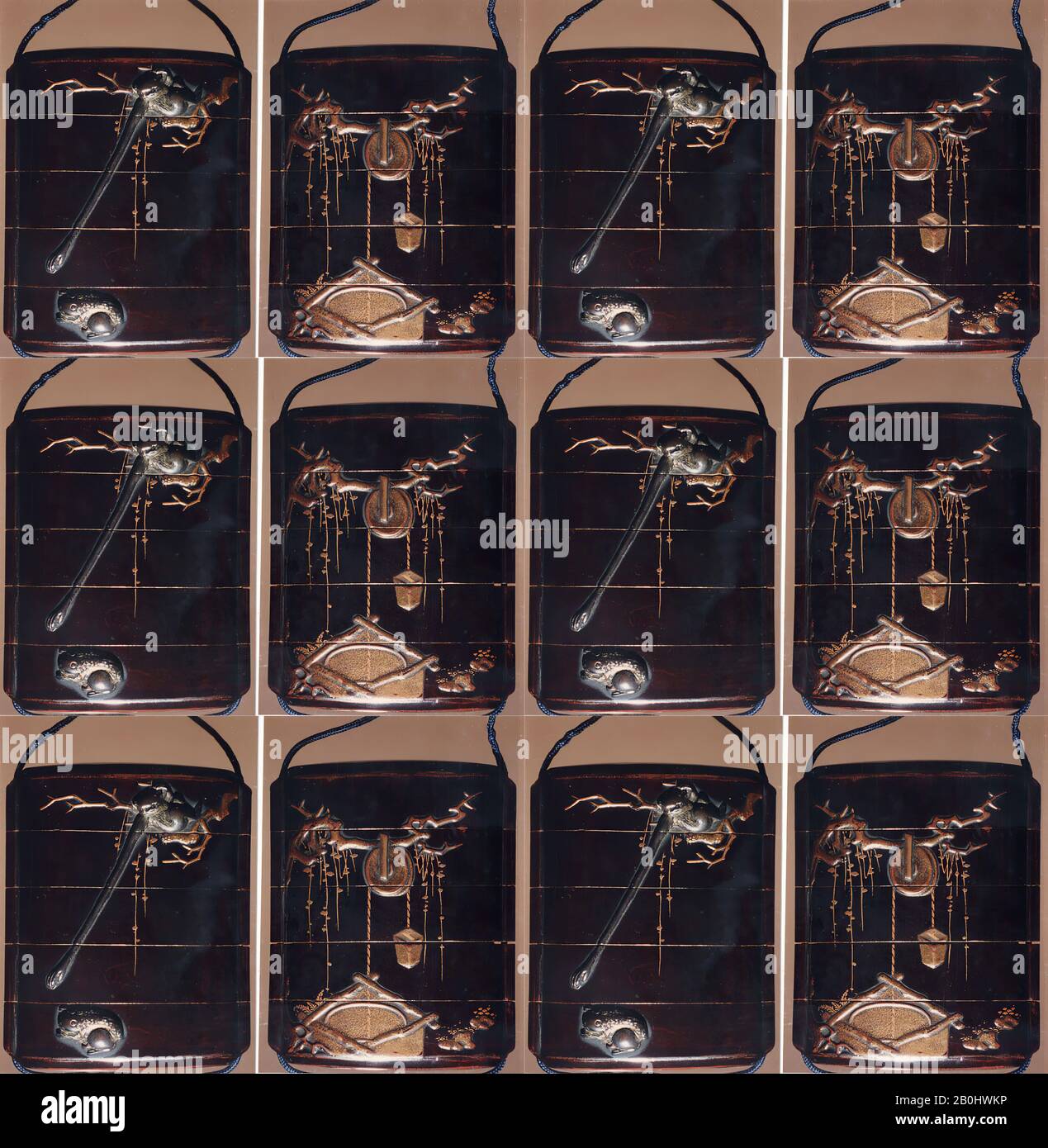 Caja (Inrō) con diseño de Gibbon Alcanzando para rana (símbolo de la Luna) (anverso); Pozo con cubo (reverso), Japón, siglo XVIII, Japón, lacquer, roiro, oro, hiramkie plateado y marrón, takamakie, metal aplicado; interior: Nashiji y fundame, 2 1/2 x 2 x 13/16 pulg. (6.4 x 5.1 x 2 cm), Inrō Foto de stock