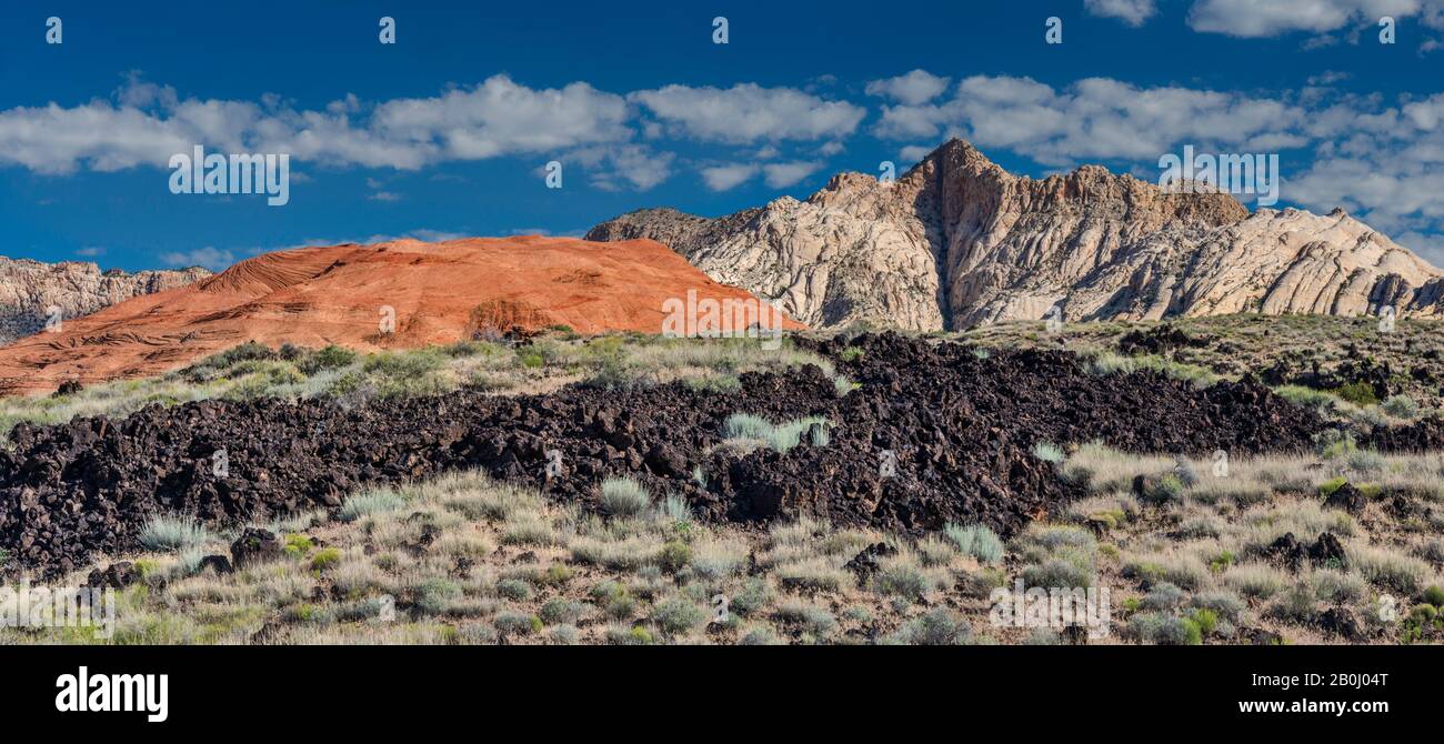 Rocas de lava blanca y roja formaciones rocosas de arenisca Navajo, rastro del flujo de lava en Snow Canyon State Park, Utah, EE.UU. Foto de stock