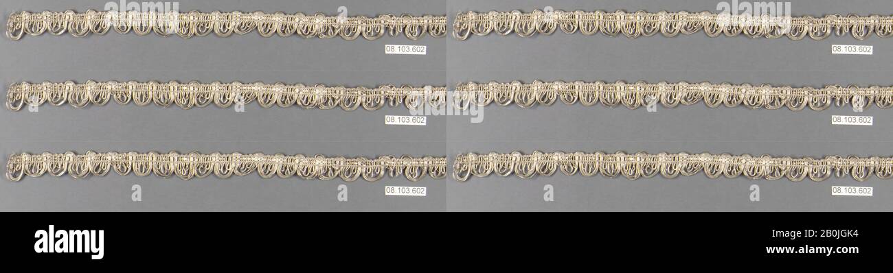 Galloon, francés, siglo 18, francés, hilo metálico, 12 x 1/2 pulgadas, 30.5 x 1.3 cm, textiles-Adornos Foto de stock