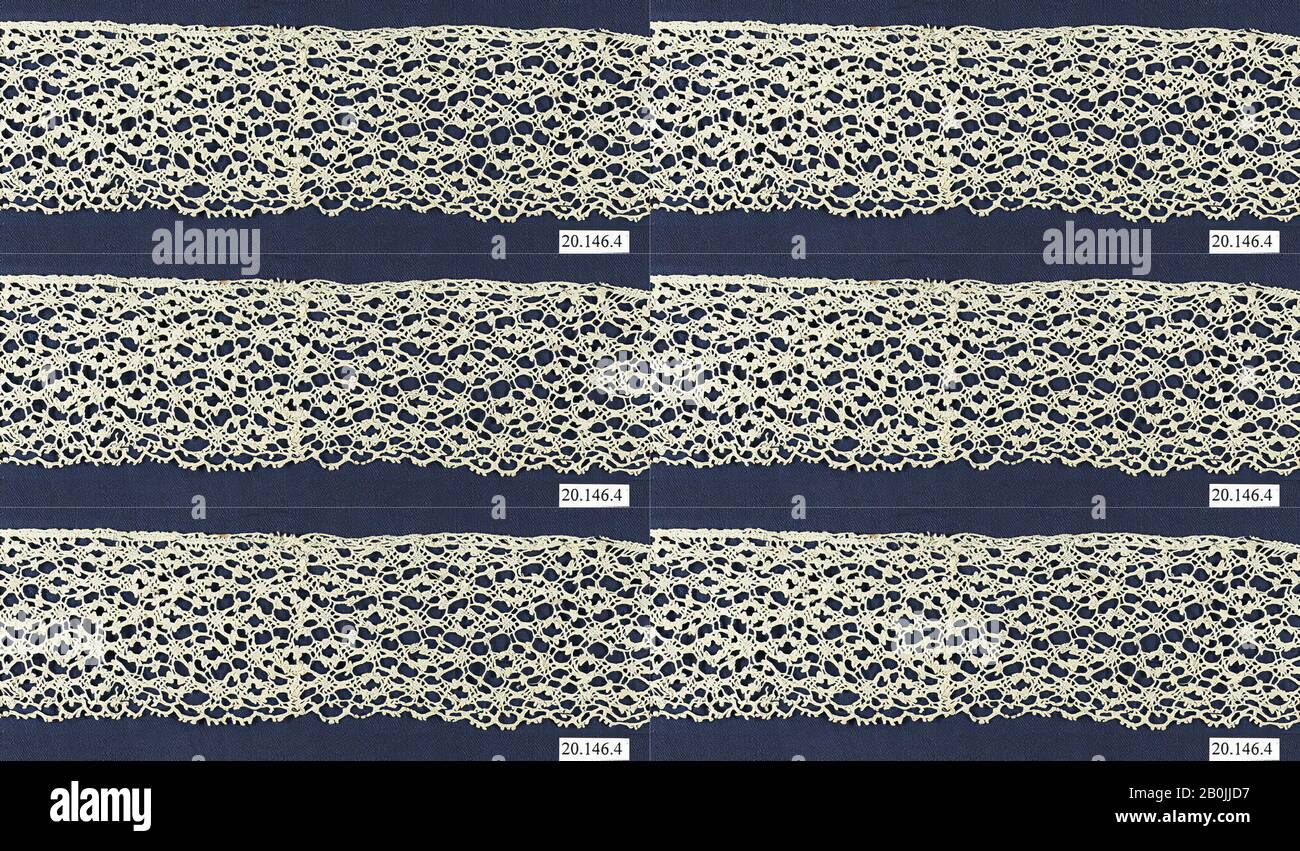 Fragmento, italiano, siglo XVII, italiano, encaje de Bobbin, L. 69 x W. 2 pulgadas (175.3 x 5.1 cm), cordones de Textiles Foto de stock