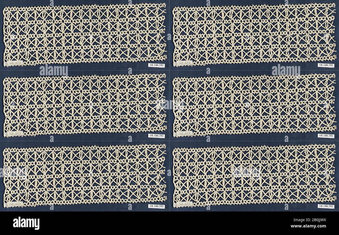 Inserción, italiano, siglo XVII, italiano, encaje de Bobbin, L. 9 3/4 x W. 3 1/2 pulgadas (24.8 x 8.9 cm), cordones de Textiles Foto de stock