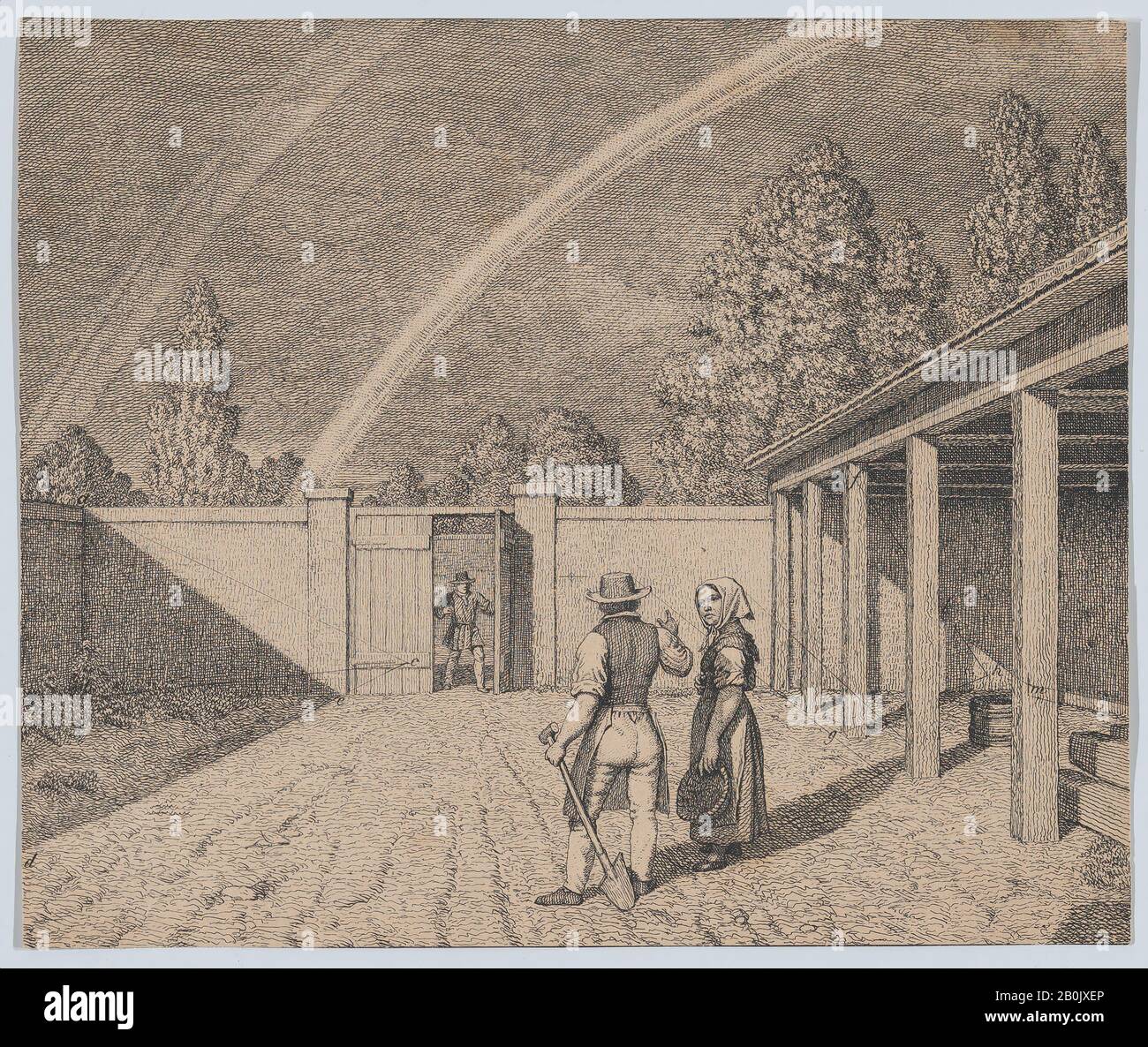 Christoffer Wilhelm Eckersberg, una pareja conversando en un patio estable, con un doble arco iris sobre la cabeza, desde "Perspectiva lineal, Aplicada al arte de la pintura", "Perspectiva lineal, Aplicada al arte de la pintura", Christoffer Wilhelm Eckersberg (Danés, Blåkrog 1783–1853 Copenhague), 1841, grabado, Hoja (Recortada): 4 pulg. × 3 3/4 pulg. (10.2 × 9.5 cm), copias Foto de stock
