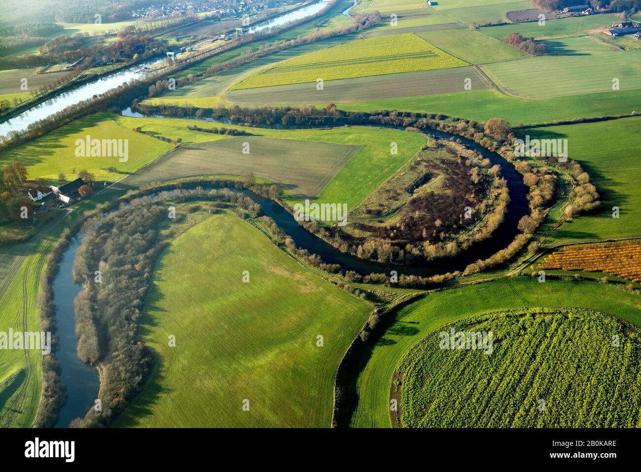 Fotografía aérea, río Lippe, planicie de inundación Lippe, forma serpentina, meandro Lippe, canal Wesel-Datteln, Haltern am See, área de Ruhr, Renania del Norte-Westphal Foto de stock