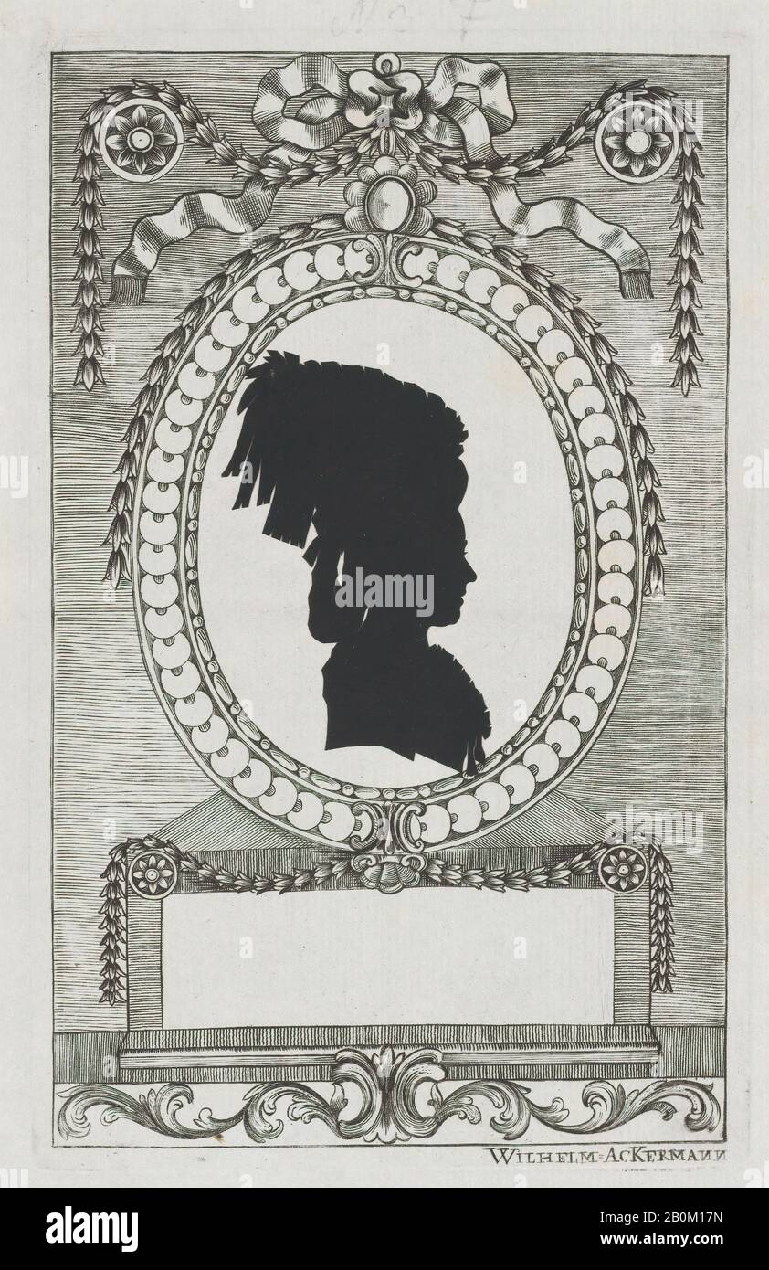Wilhelm Ackermann, Silhouette de Gräfin Ferrari, Wilhelm Ackermann (alemán, 1764–1834), 1784–1834, Corte el papel pegado en marcos grabados, placa: 8 1/8 × 5 3/16 pulg. (20.7 × 13.2 cm), lámina: 8 3/4 × 5 3/4 pulg. (22.2 × 14.6 cm Foto de stock
