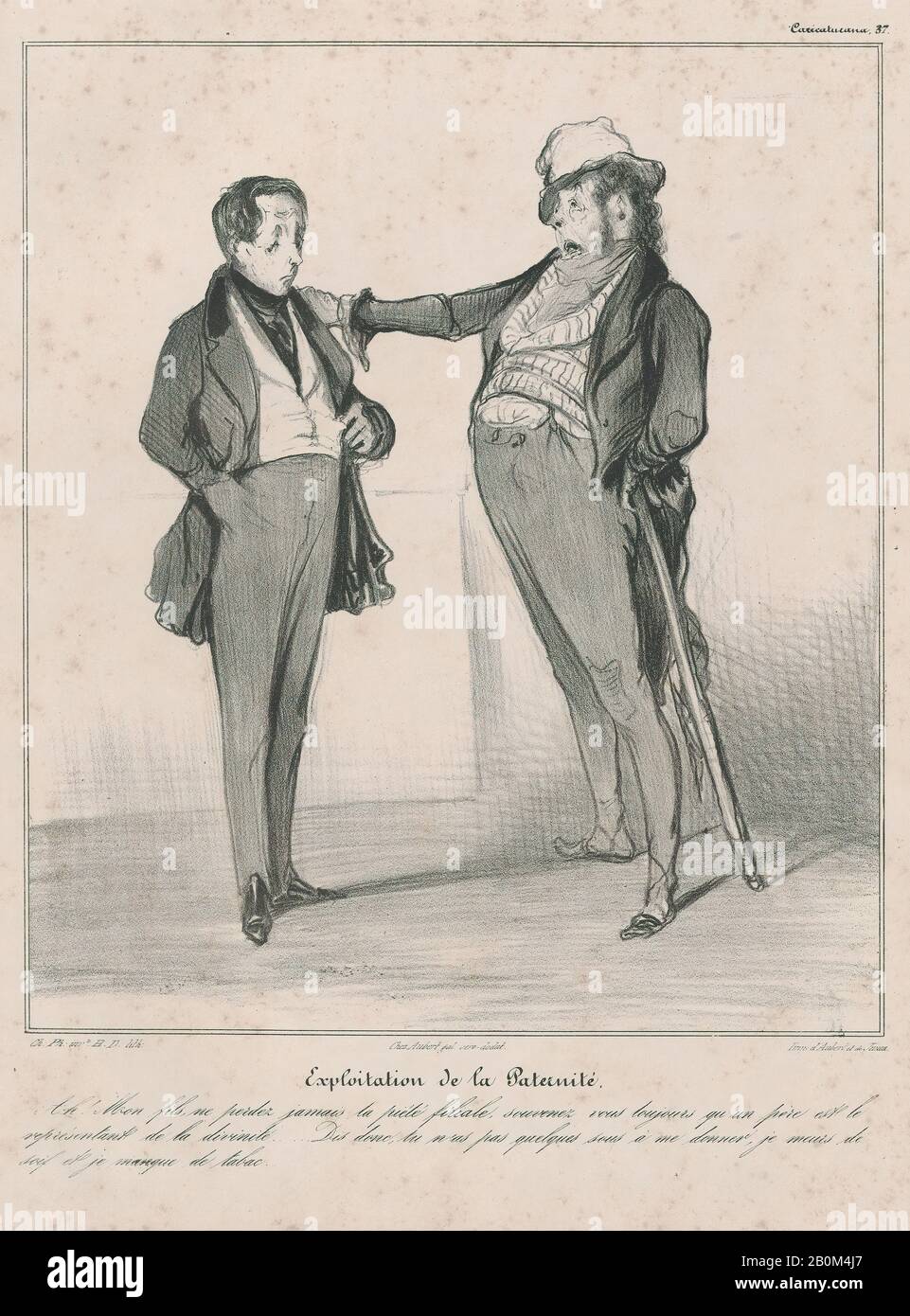 Honoré Daumier, placa 37: Explotación de la paternidad, de 'Caricaturana', publicado en Les Robert Macaires, 'Caricaturana', Honoré Daumier (francés, Marsella 1808–1879 Valmondois), Charles Philipon (francés, Lyon 1800–1862 París), 1838, Litografía sobre papel de la paloma; segundo estado de dos (Delteil), Imagen 9 13/16 × 7/16. (24.9 × 21.5 cm), hoja: 13 7/16 × 10 1/16 pulg. (34.1 × 25.6 cm), copias Foto de stock