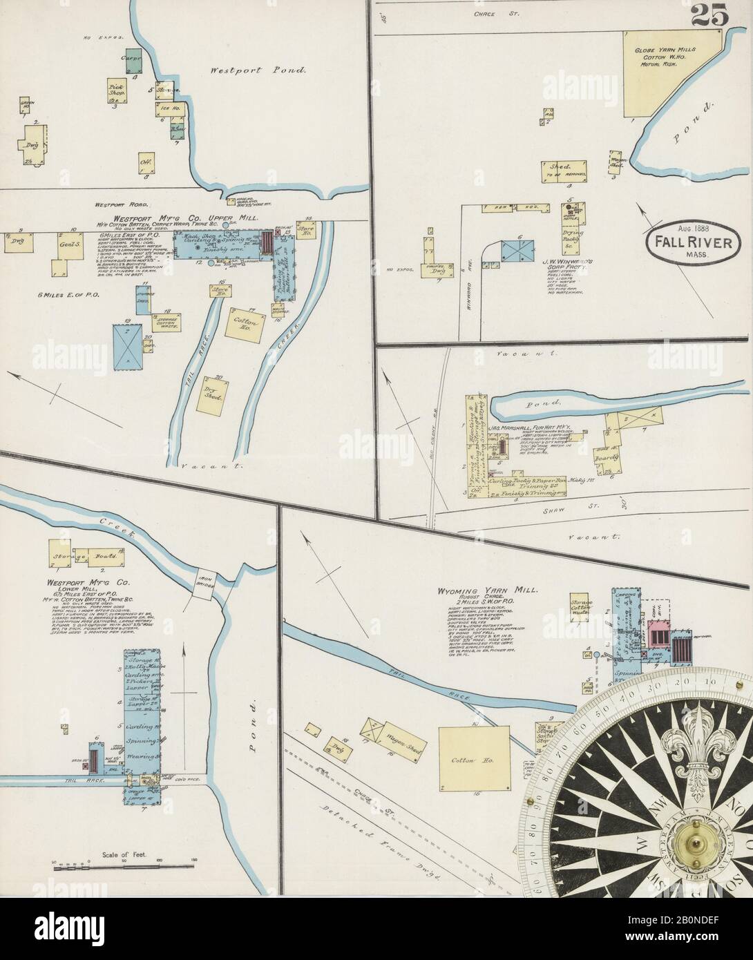 Imagen 25 De Sanborn Fire Insurance Map De Fall River, Condado De Bristol, Massachusetts. Ago 1888. 30 Hoja(s), América, mapa de calles con una brújula del siglo Xix Foto de stock
