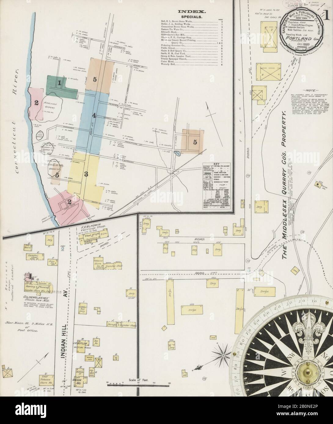 Imagen 1 De Sanborn Fire Insurance Map De Portland, Condado De Middlesex, Connecticut. Octubre De 1889. 5 Hoja(s), América, mapa de calles con una brújula del siglo Xix Foto de stock