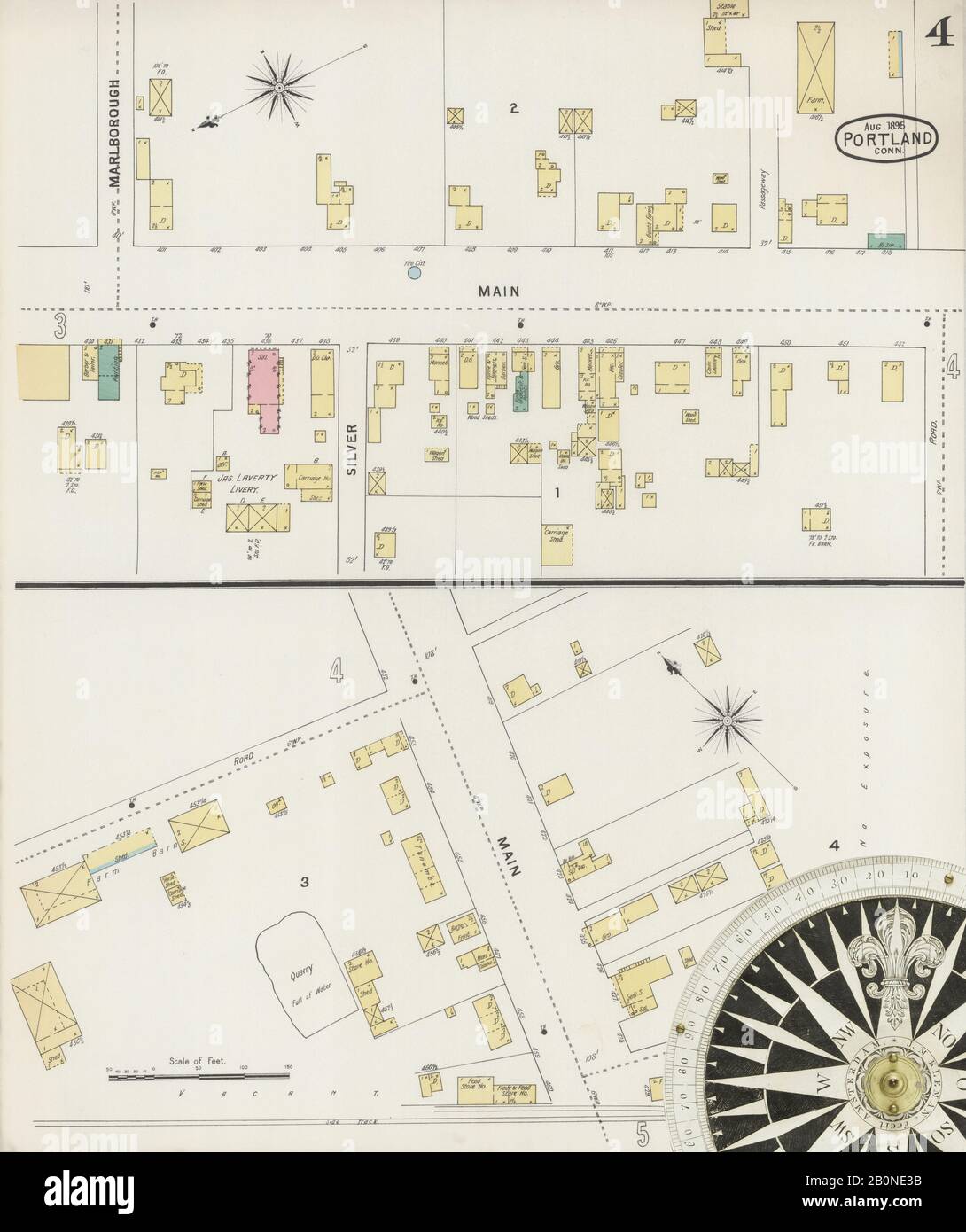 Imagen 4 De Sanborn Fire Insurance Map De Portland, Condado De Middlesex, Connecticut. Ago 1895. 6 Hoja(s), América, mapa de calles con una brújula del siglo Xix Foto de stock