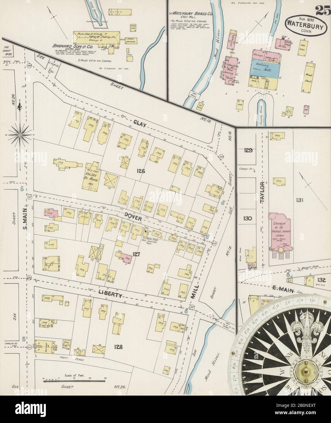 Imagen 25 De Sanborn Fire Insurance Map De Waterbury, Condado De New Haven, Connecticut. Ago 1890. 31 Hoja(s), América, mapa de calles con una brújula del siglo Xix Foto de stock