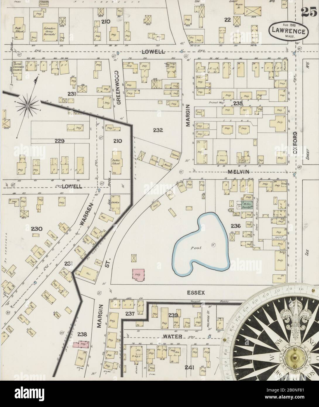 Imagen 25 De Sanborn Fire Insurance Map De Lawrence, Condado De Essex, Massachusetts. Ago 1888. 27 Hoja(s), América, mapa de calles con una brújula del siglo Xix Foto de stock