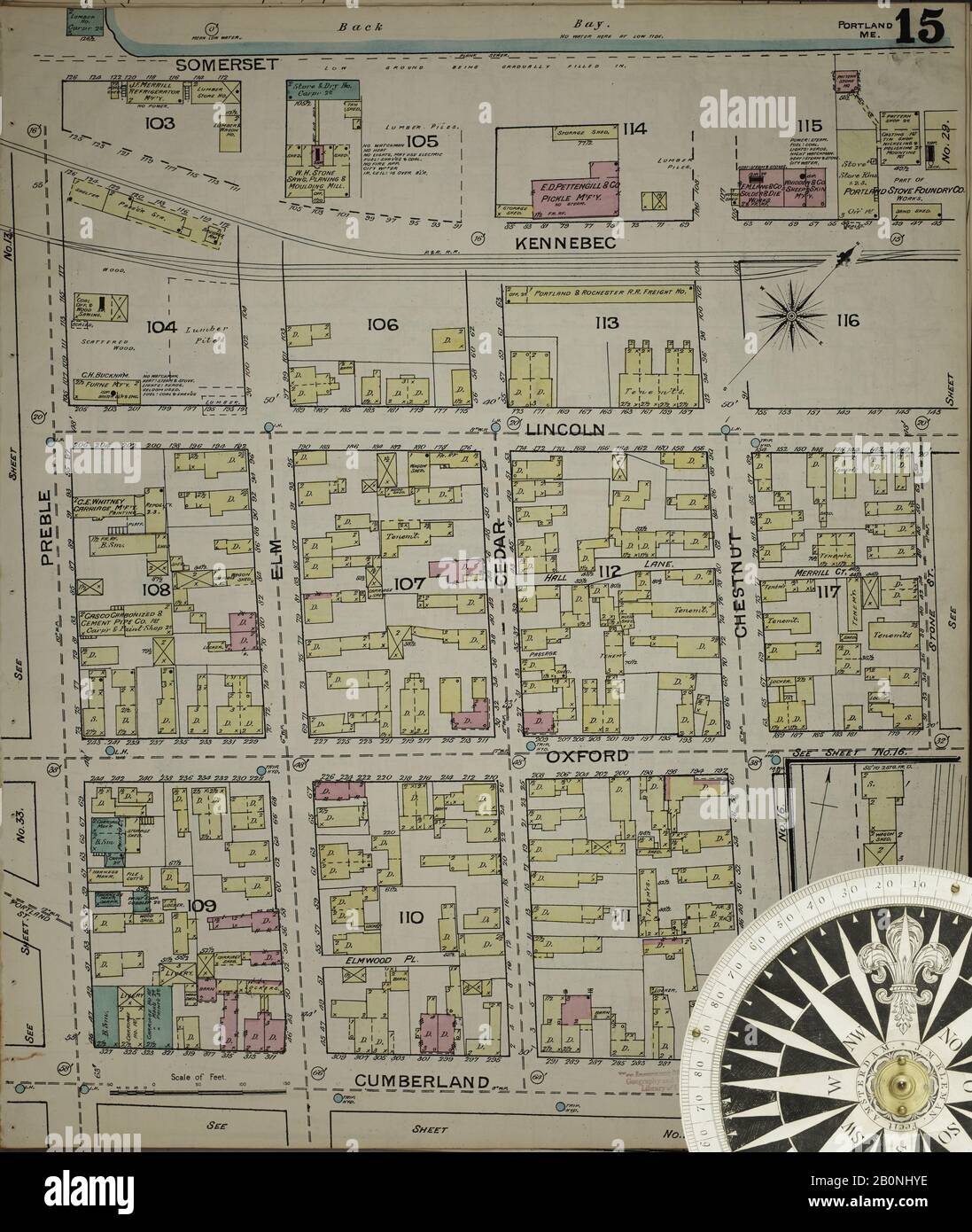 Imagen 15 De Sanborn Fire Insurance Map De Portland, Cumberland County, Maine. 1886. 35 Hoja(s). Bound, América, mapa de calles con una brújula del siglo Xix Foto de stock