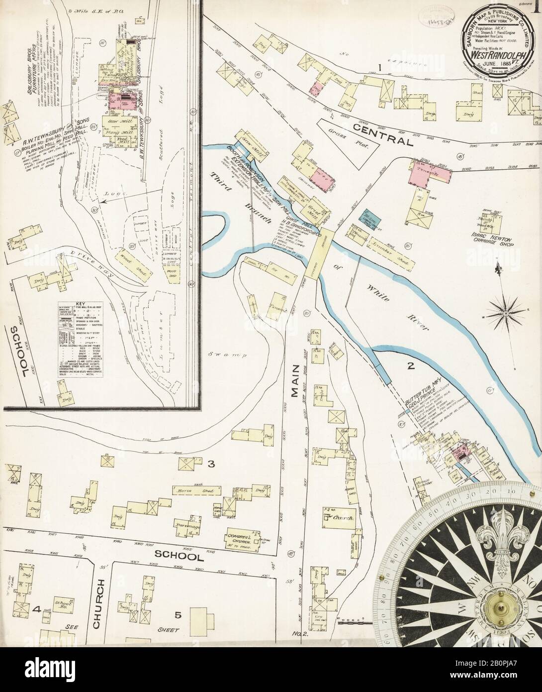 Imagen 1 Del Mapa Del Seguro Contra Incendios Sanborn De West Randolph, Condado De Orange, Vermont. Jun 1885. 2 Hoja(s), América, mapa de calles con una brújula del siglo Xix Foto de stock
