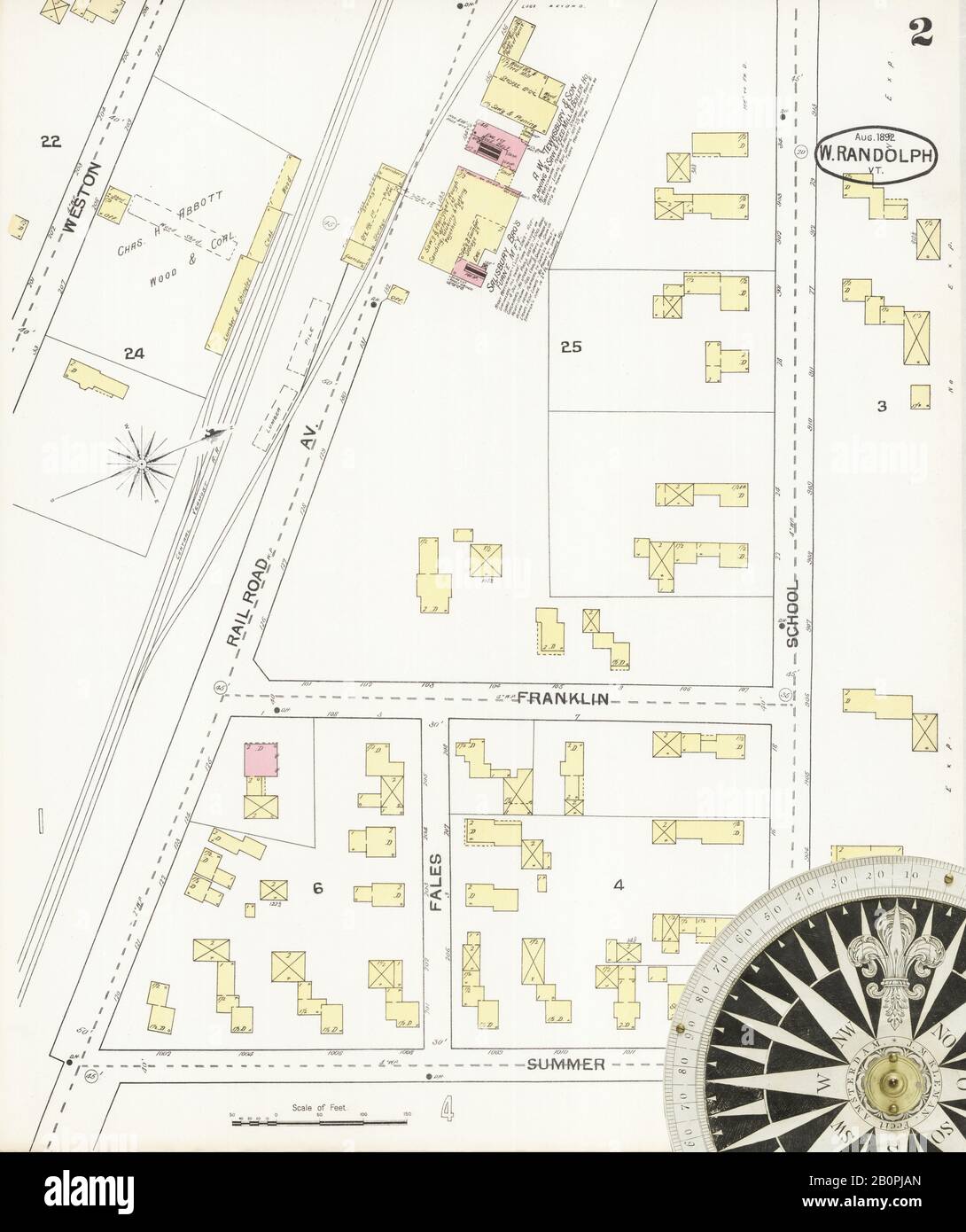 Imagen 2 De Sanborn Fire Insurance Map De West Randolph, Condado De Orange, Vermont. Ago 1892. 4 Hoja(s), América, mapa de calles con una brújula del siglo Xix Foto de stock