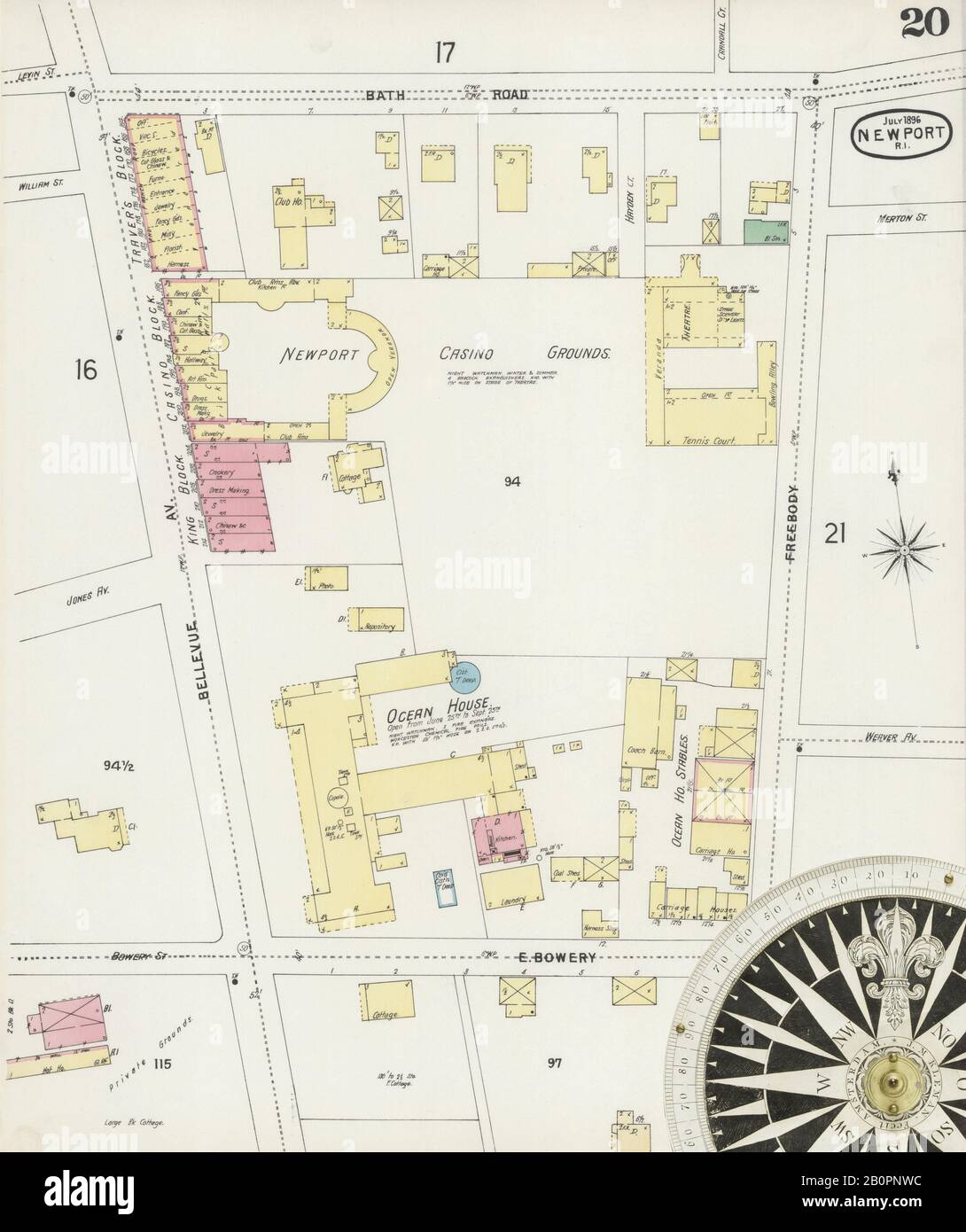 Imagen 21 De Sanborn Fire Insurance Map De Newport, Condado De Newport, Rhode Island. Jul 1896. 25 Hoja(s), América, mapa de calles con una brújula del siglo Xix Foto de stock