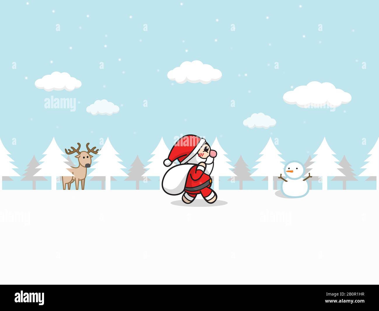 Navidad Santa Claus . dibujos animados Santa Claus con bolsa de regalo caminar en el bosque de nieve con paisaje de invierno, nieve caer, muñeco de nieve y renos Foto de stock