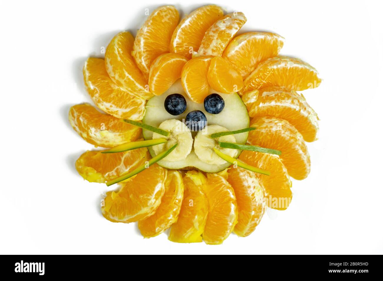 composición aislada de cara de león gracioso con frutas como arándanos naranjas Foto de stock