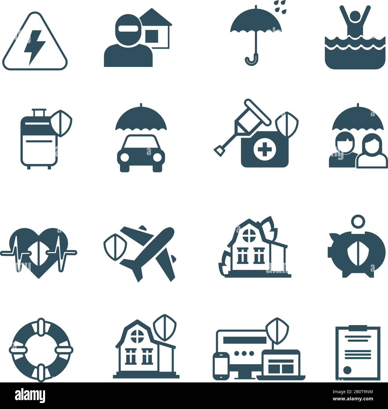 Iconos de vectores de seguros. Símbolos de protección y seguridad. Seguro contra incendios, inundaciones, ilustración de la salud de los seguros Ilustración del Vector
