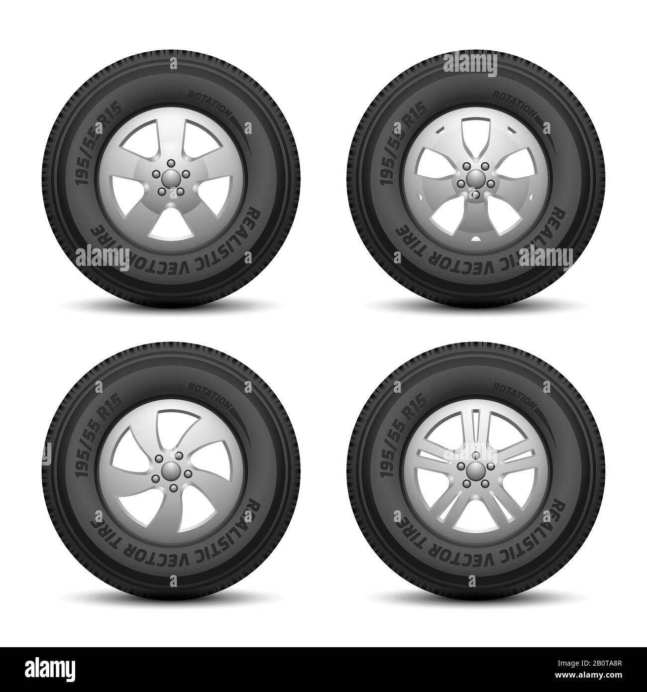 Ruedas para camiones y automóviles con neumáticos e ilustración de vectores de disco. Disco de coche aislado y neumático negro de goma Ilustración del Vector