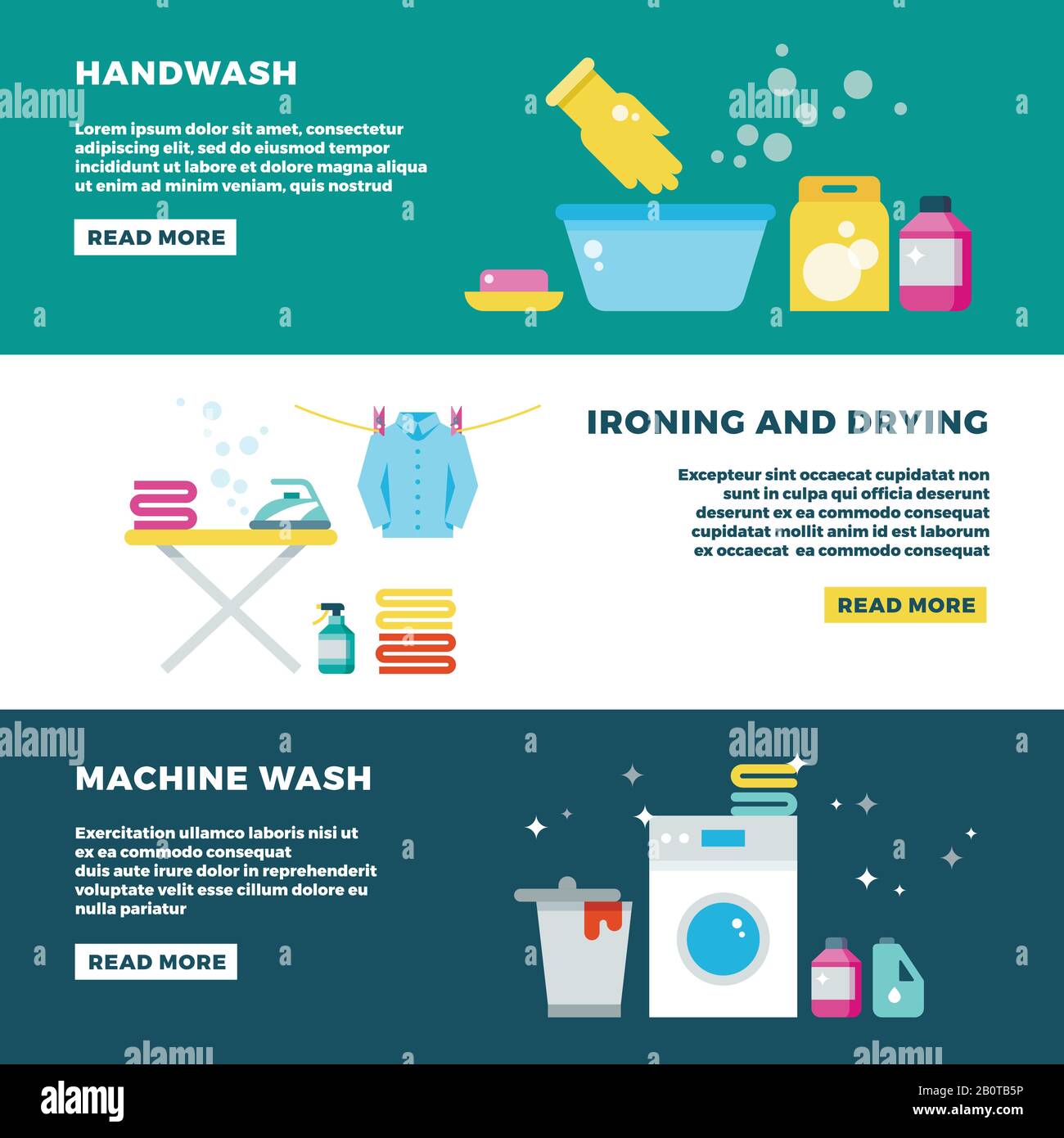 Lavado y secado de ropa, servicio de lavandería vector publicidad banner.  Servicio lavadora, ilustración de la bandera de lavado Imagen Vector de  stock - Alamy