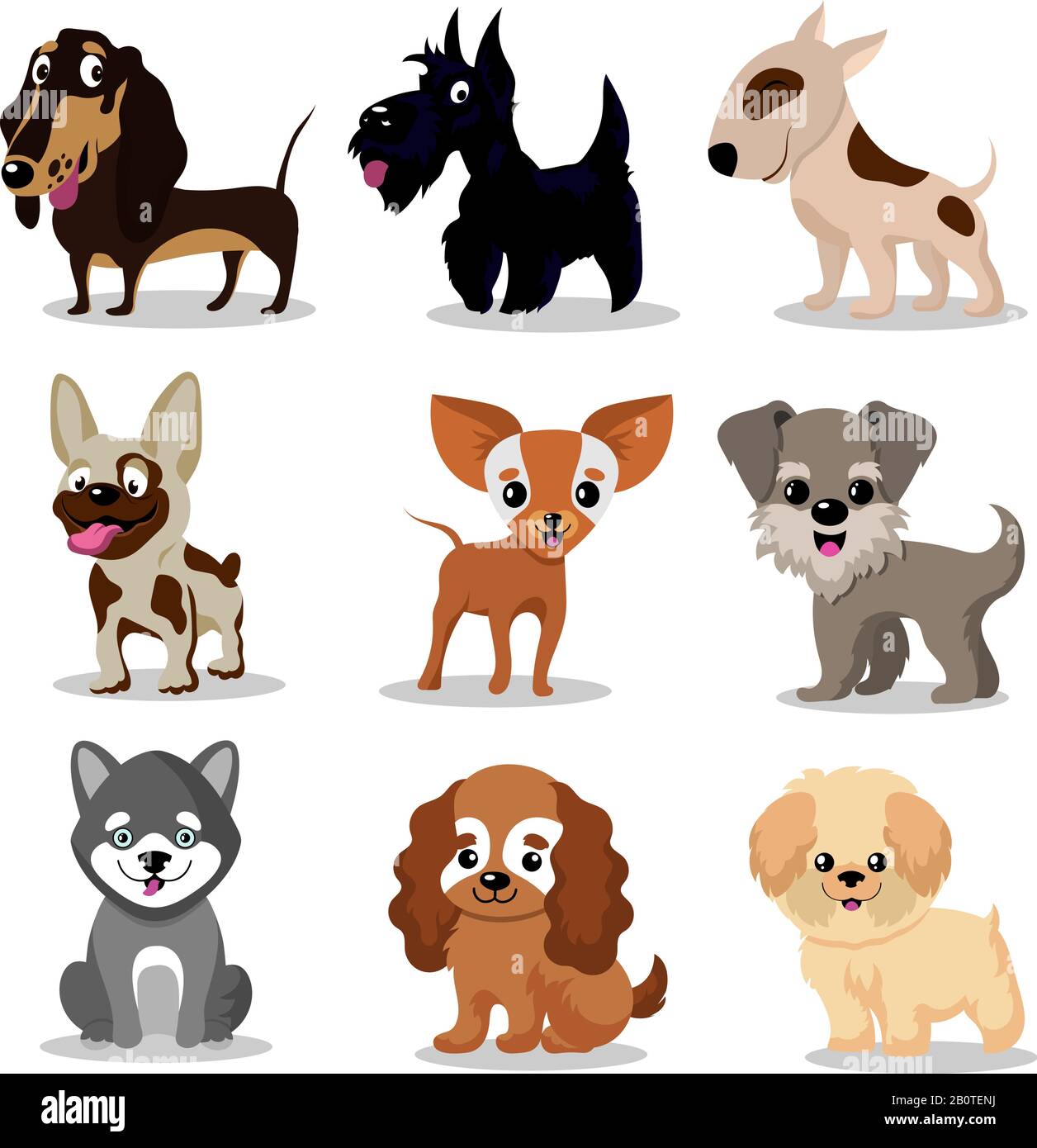 Perros felices y lindos. Dibujos animados divertidos cachorros vector  colección de personajes. Conjunto de perros de raza, ilustración de animal  amigable Imagen Vector de stock - Alamy