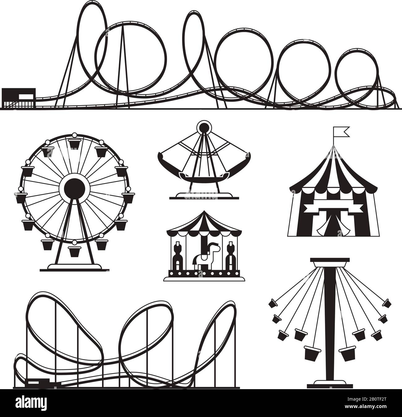Parque de atracciones, montañas rusas e iconos de vectores de carrusel. Festival y ilustración de la atracción Rollercoaster Ilustración del Vector