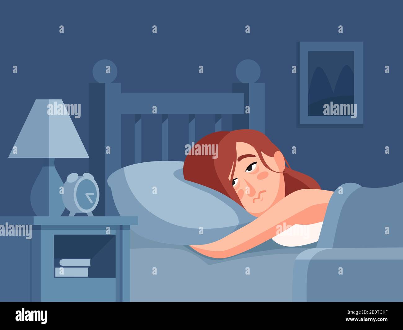 Mujer Con Insomnio O Pesadilla Acostada En La Cama Al Fondo De La Noche Persona Sin Dormir Despierto Con Tristeza Cansada Se Enfrentan A La Ilustracion De Dibujos Animados Imagen Vector De