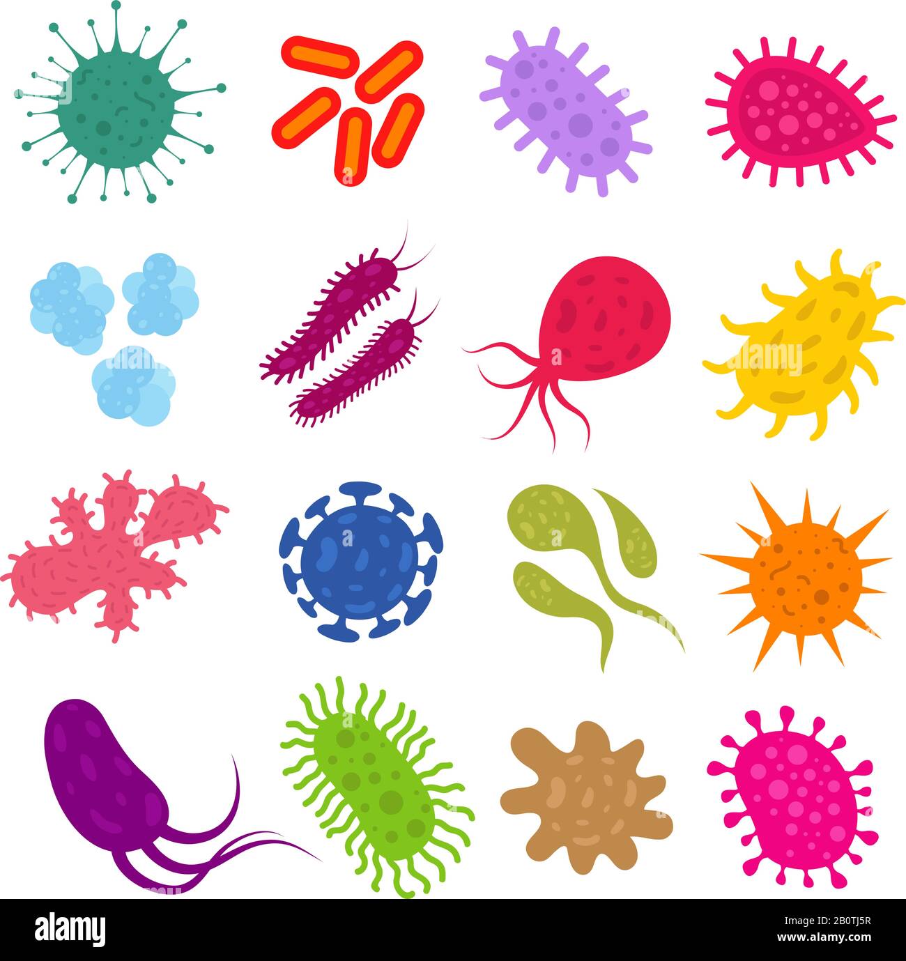 Bacterias infectadas y virus pandémicos iconos de biología vectorial. Ilustración de bacterias y alergenos de microorganismos microbianos Ilustración del Vector