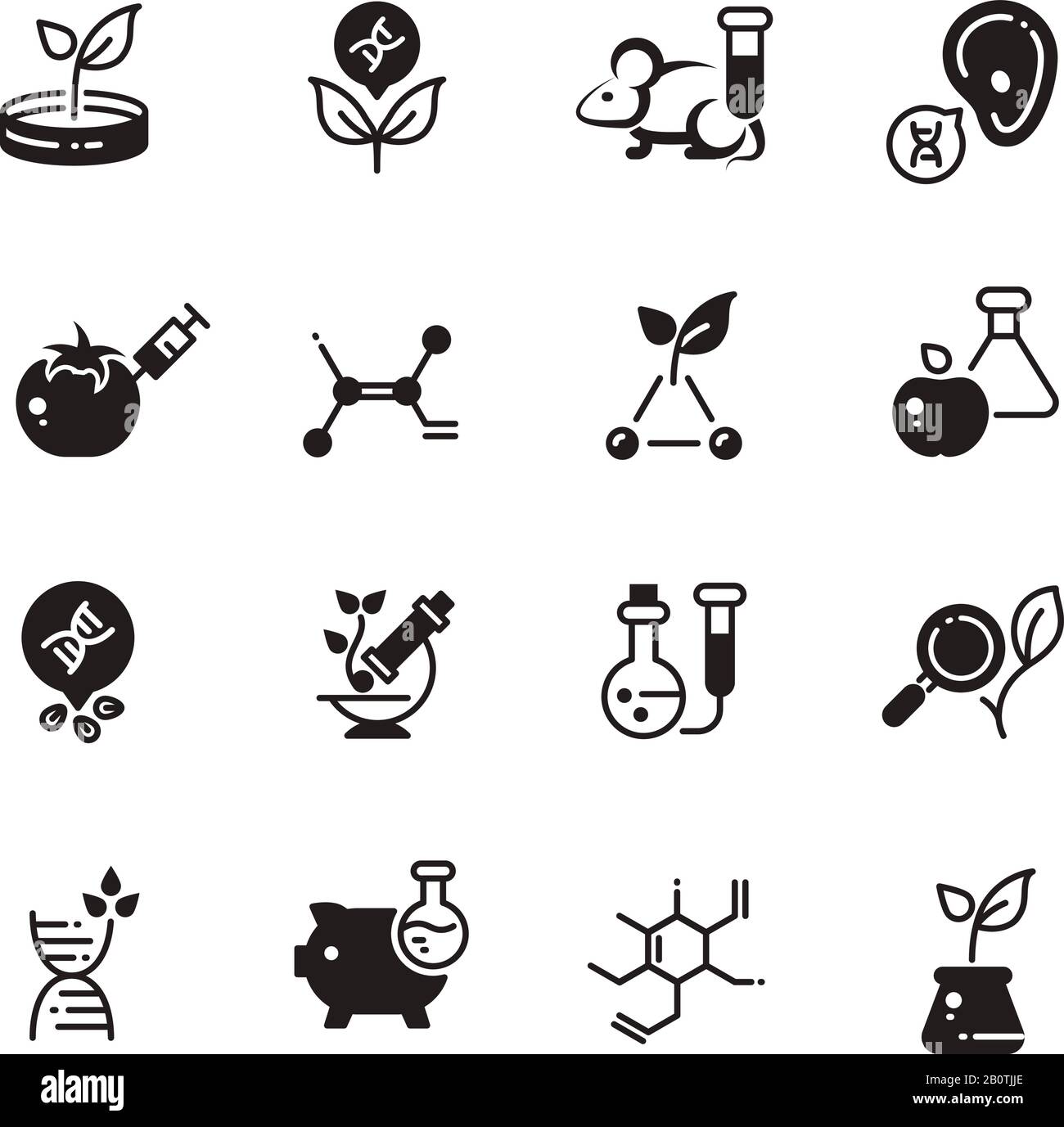 La biotecnología de la modificación genética y los micro iconos del vector de la investigación del adn. Investigación de OMG, ilustración de adn genético biotecnológico Ilustración del Vector