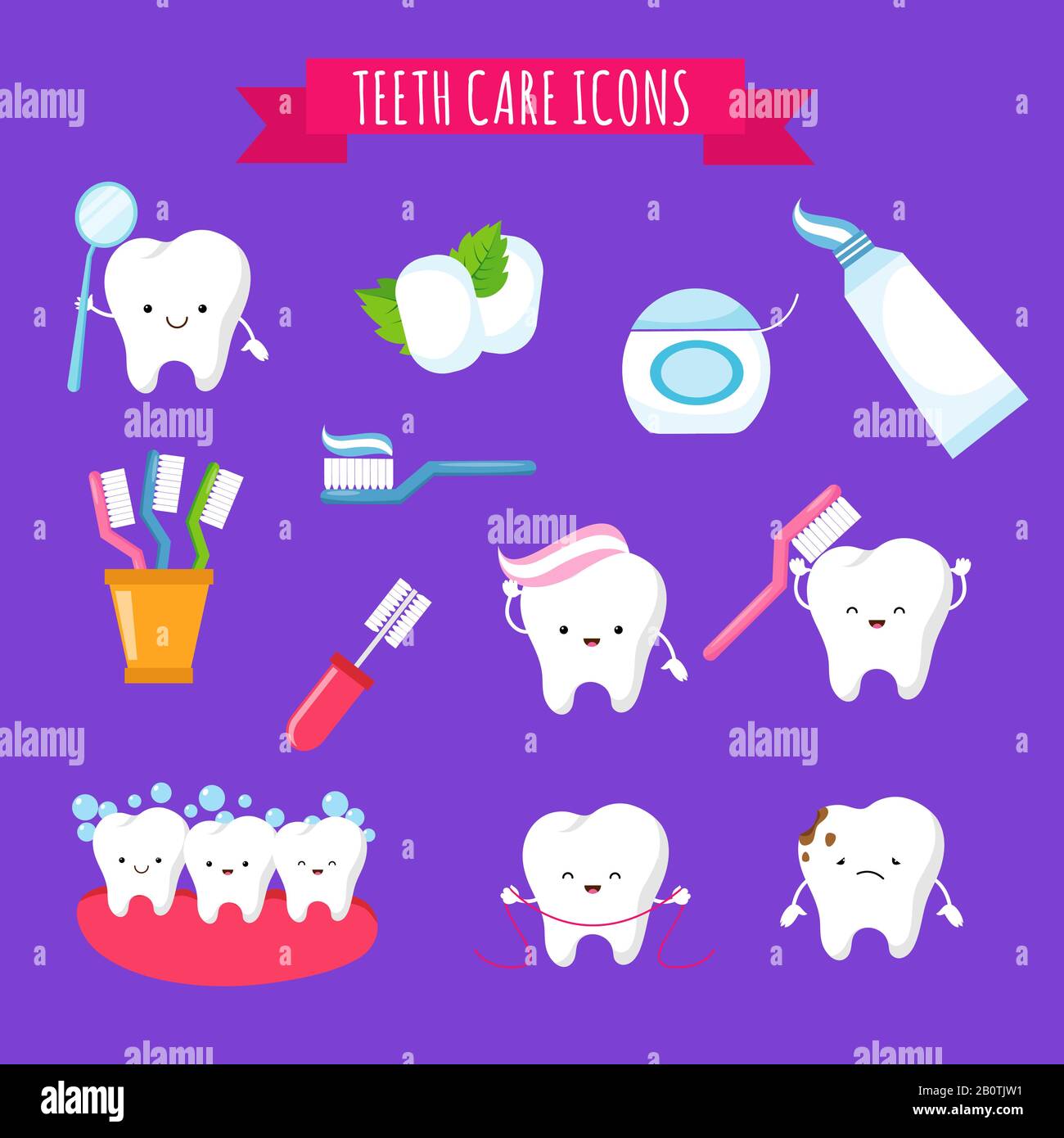 Cepillado de dientes y cuidado dental iconos de dibujos animados para niños.  Dientes divertidos con cepillo de dientes y pasta dental. Cepillado e  higiene de los dientes, ilustración vectorial Imagen Vector de