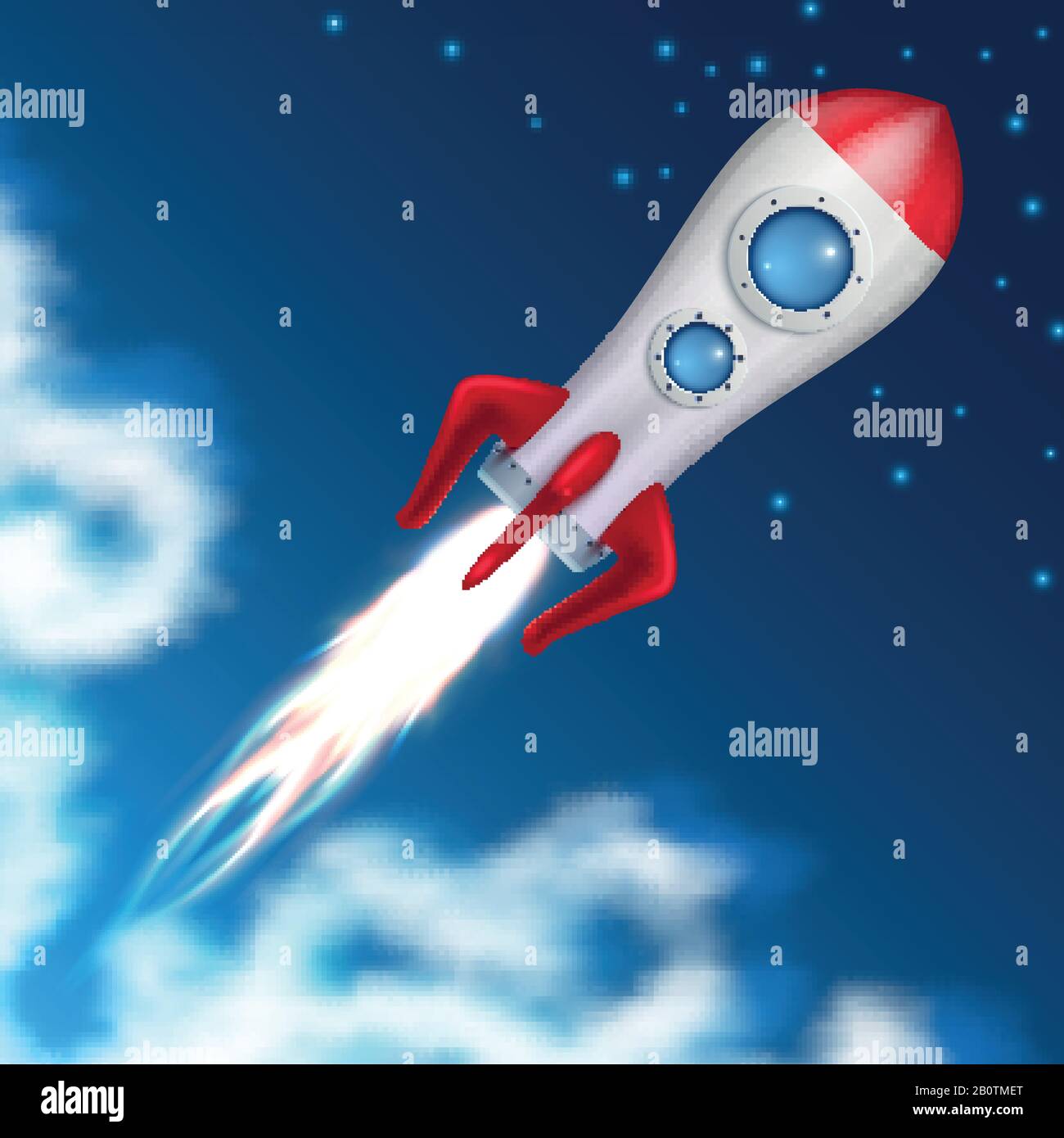 Despegue del cohete espacial. Lanzamiento de naves espaciales científicas con ilustración de vectores de fuego de explosión. Lanzamiento de embarcaciones al espacio, a naves espaciales o a cohetes Ilustración del Vector