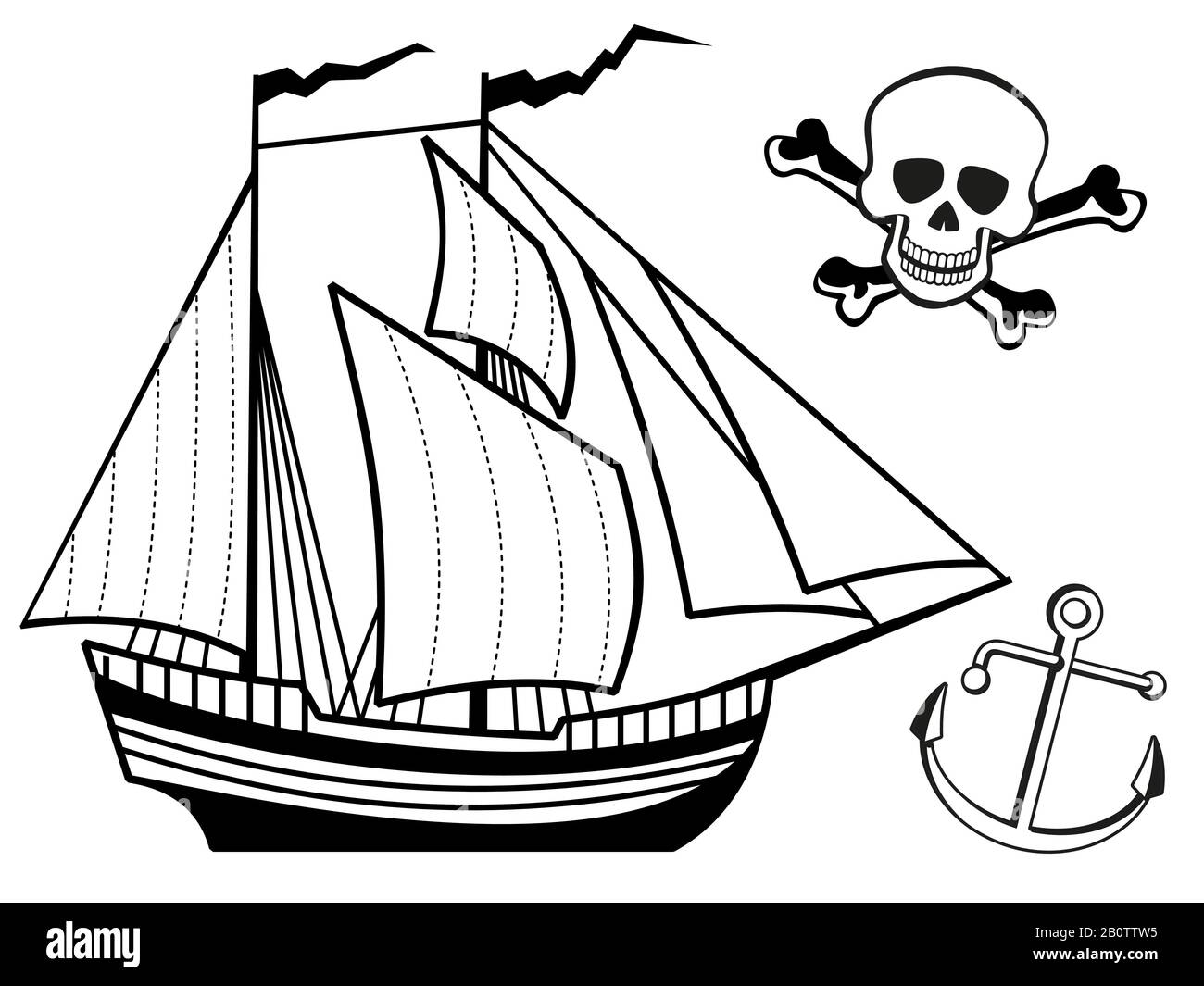 Página para colorear con el barco, el ancla y el cráneo humano. Ilustración  vectorial Imagen Vector de stock - Alamy