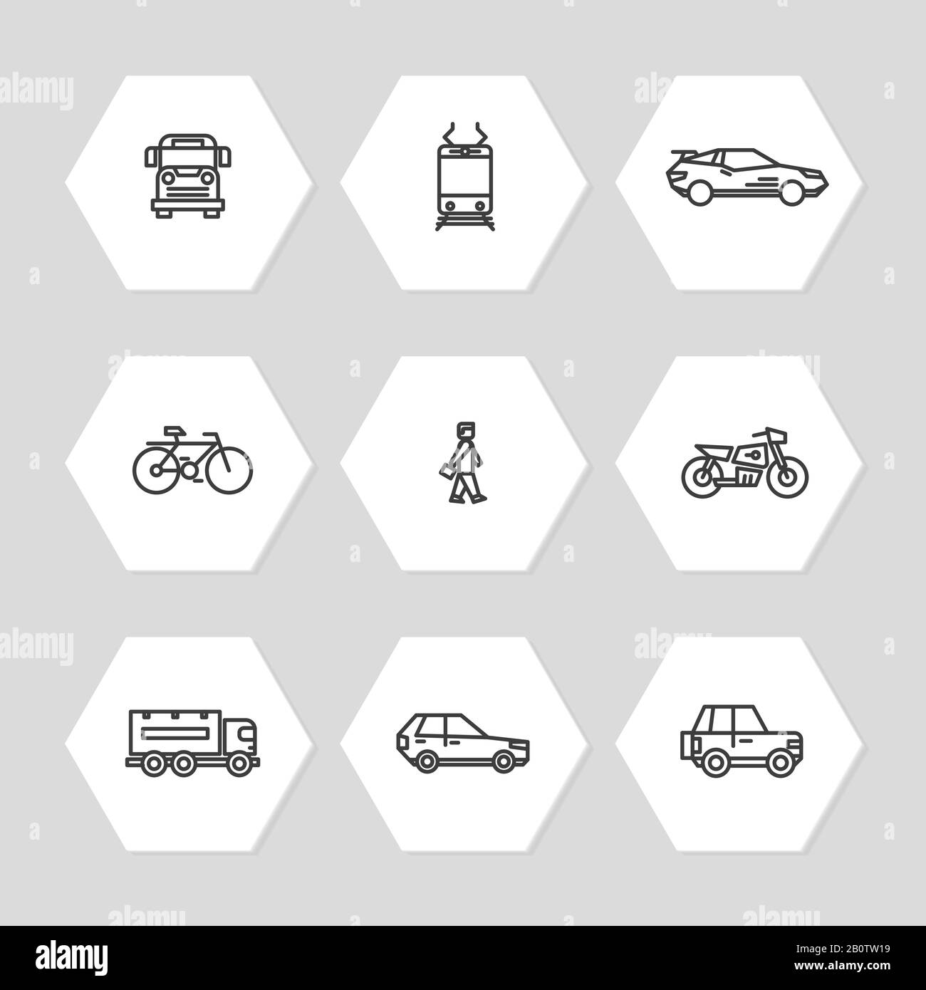 Conjunto de iconos de la línea de transporte de la ciudad - coches, trenes, autobuses iconos. Colección de símbolos de transporte lineal. Ilustración vectorial Ilustración del Vector