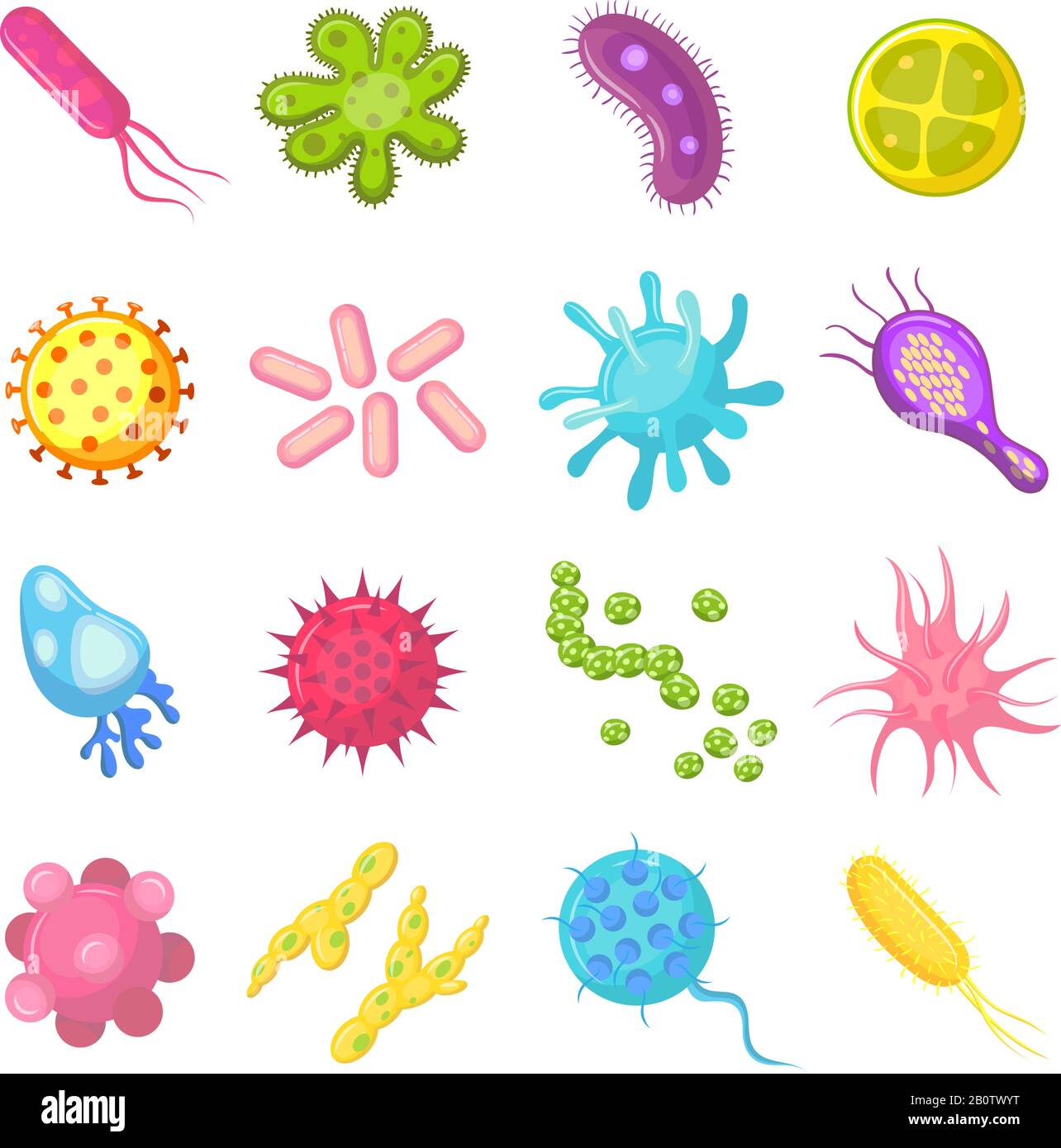 Las bacterias y los gérmenes coloridos establecen los microorganismos que  causan enfermedades, bacterias, virus, hongos. Ilustración de dibujos  animados aislados de vectores Imagen Vector de stock - Alamy