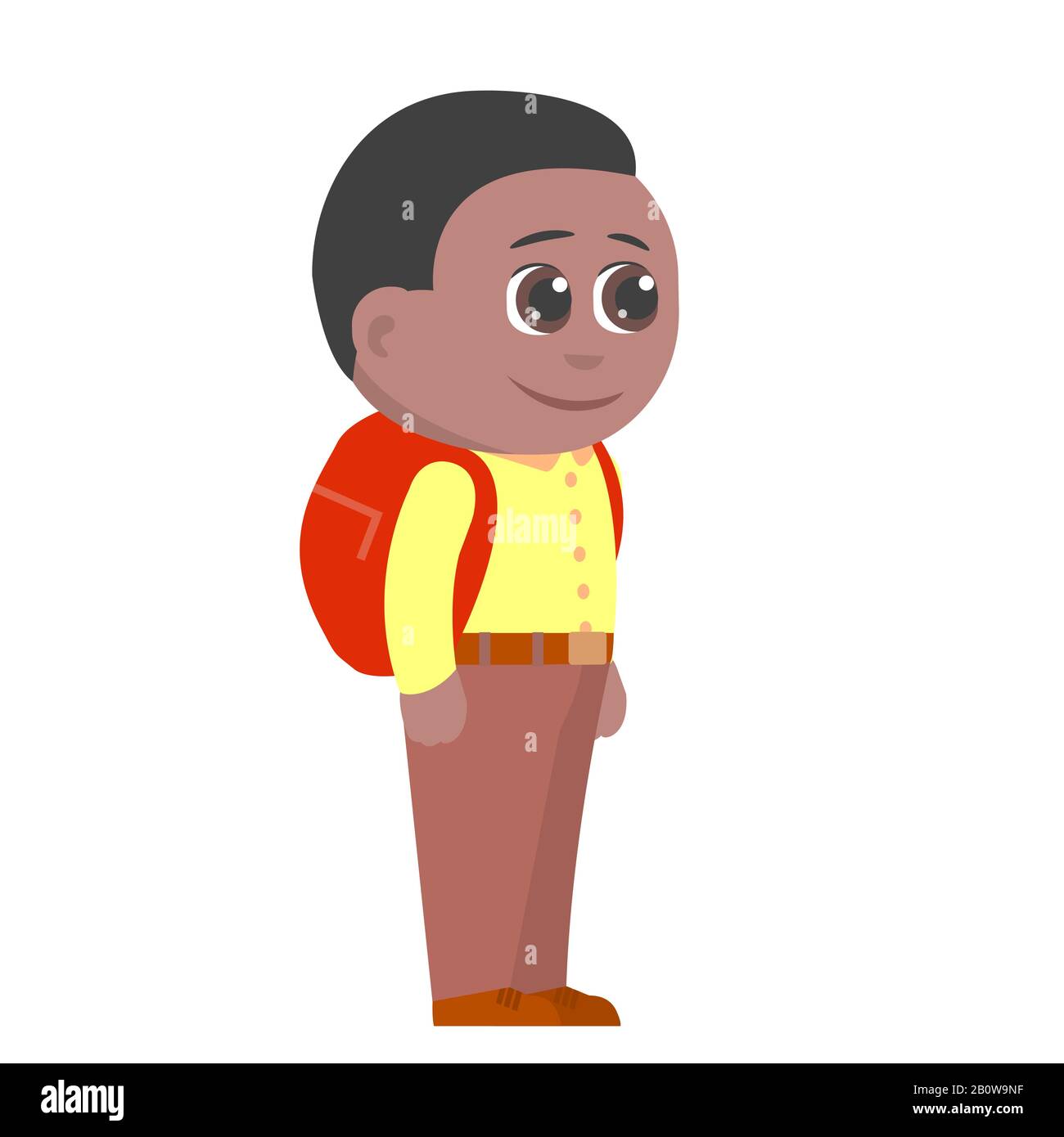 Pequeño niño escolar afroamericano con un maletín. En una camisa amarilla y  pantalones marrones. Hay una sonrisa en su rostro. Vector aislado  illustrati Imagen Vector de stock - Alamy