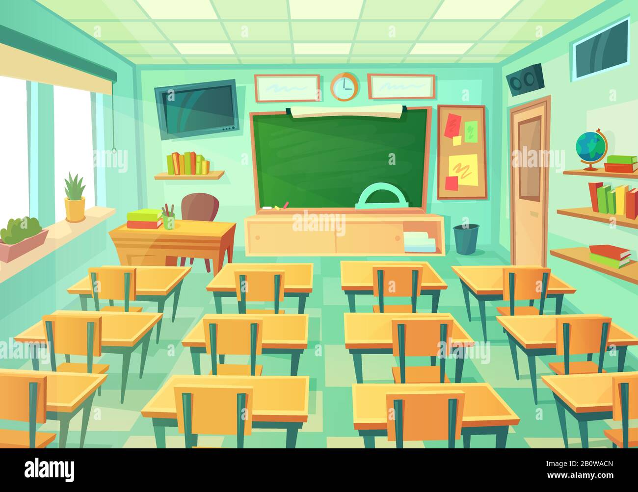 Aula de dibujos animados vacía. Sala de la escuela con pizarra de clase y escritorios. Modernas clases matemáticas interiores ilustración vectorial Ilustración del Vector