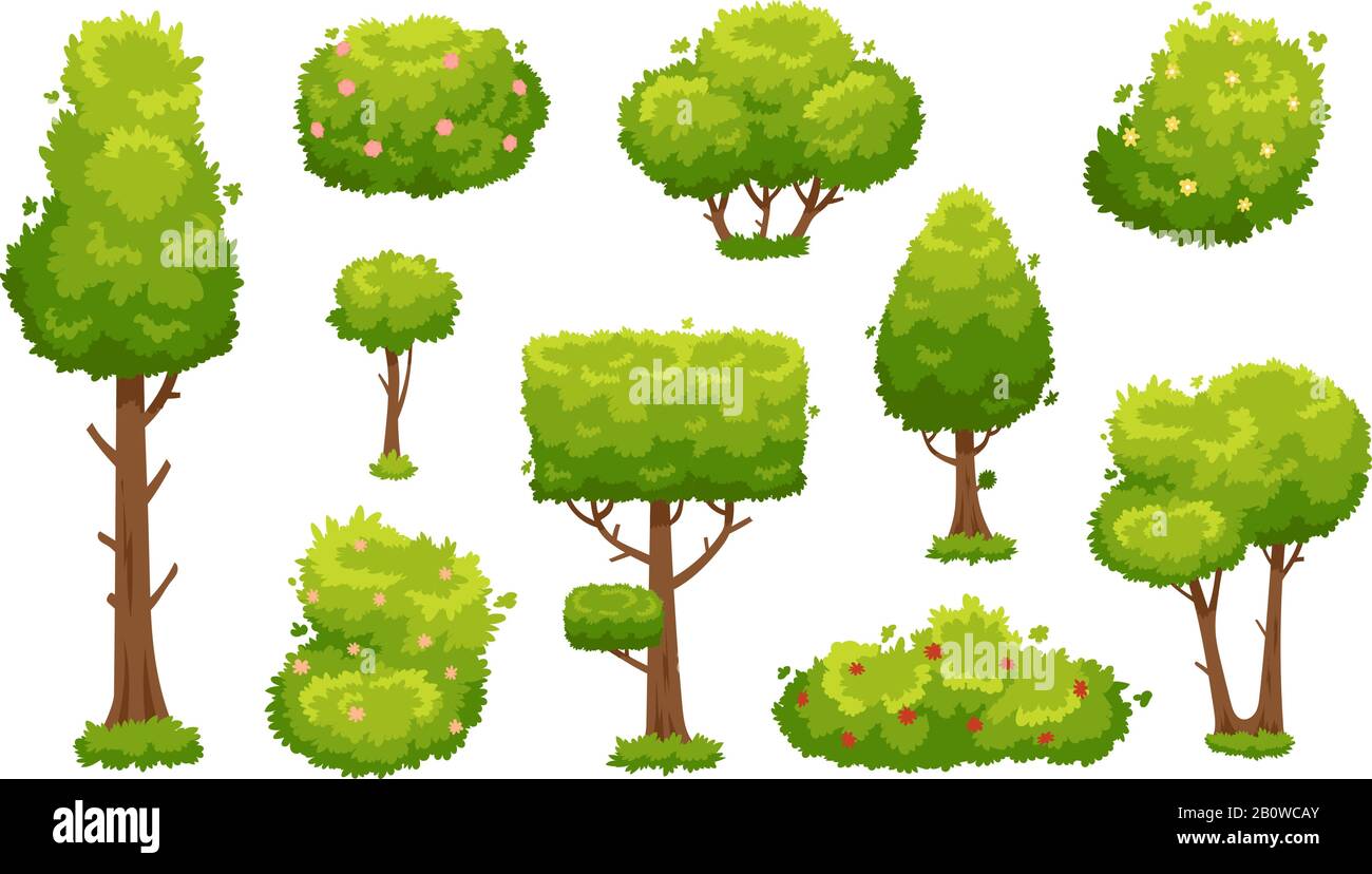 Dibujos animados árboles y arbustos. Plantas verdes con flores para el