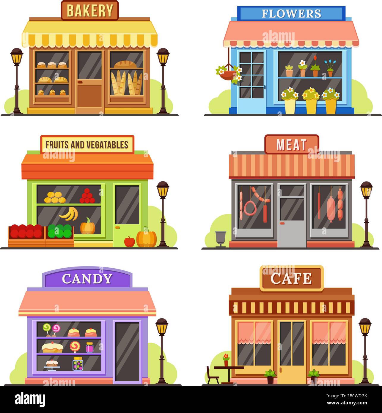 Tienda plana. Tienda moderna, tienda boutique y restaurante de diseño de  fachada. Tiendas de dibujos animados conjunto Imagen Vector de stock - Alamy