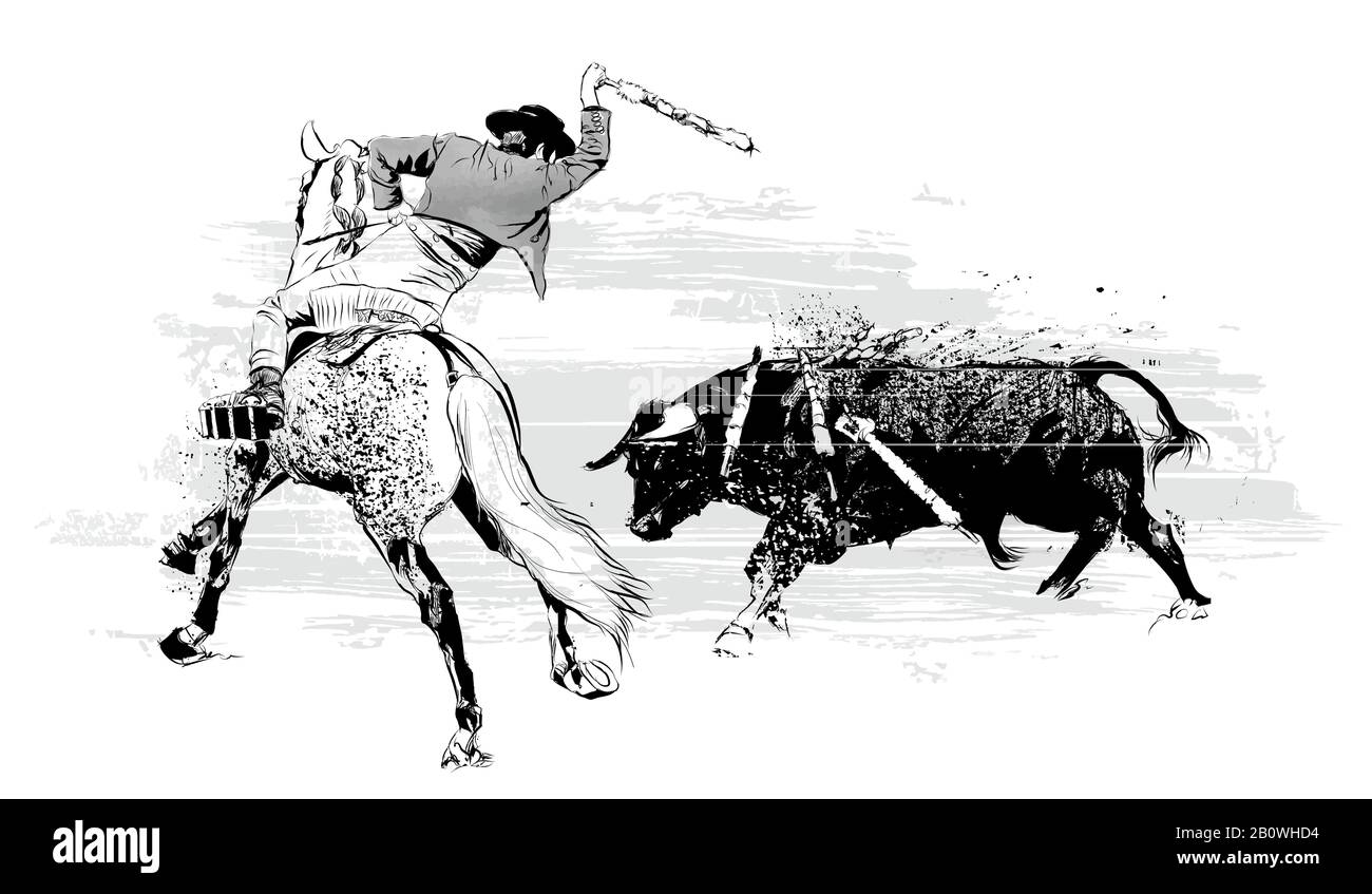 Bullfighter a caballo con toro durante corrida en Portugal - ilustración vectorial (Ideal para imprimir en tela o papel, póster o papel pintado, casa dec Ilustración del Vector