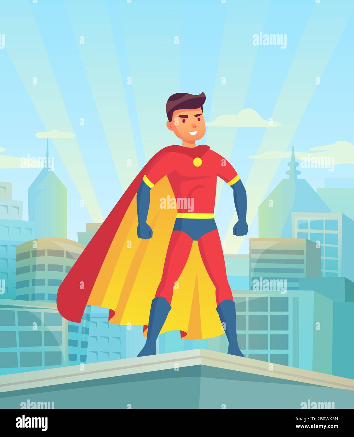 Dibujos animados superhéroe viendo la ciudad. Hombre cómico poderoso, héroe en traje super con capa en la ciudad paisaje urbano vector ilustración Ilustración del Vector