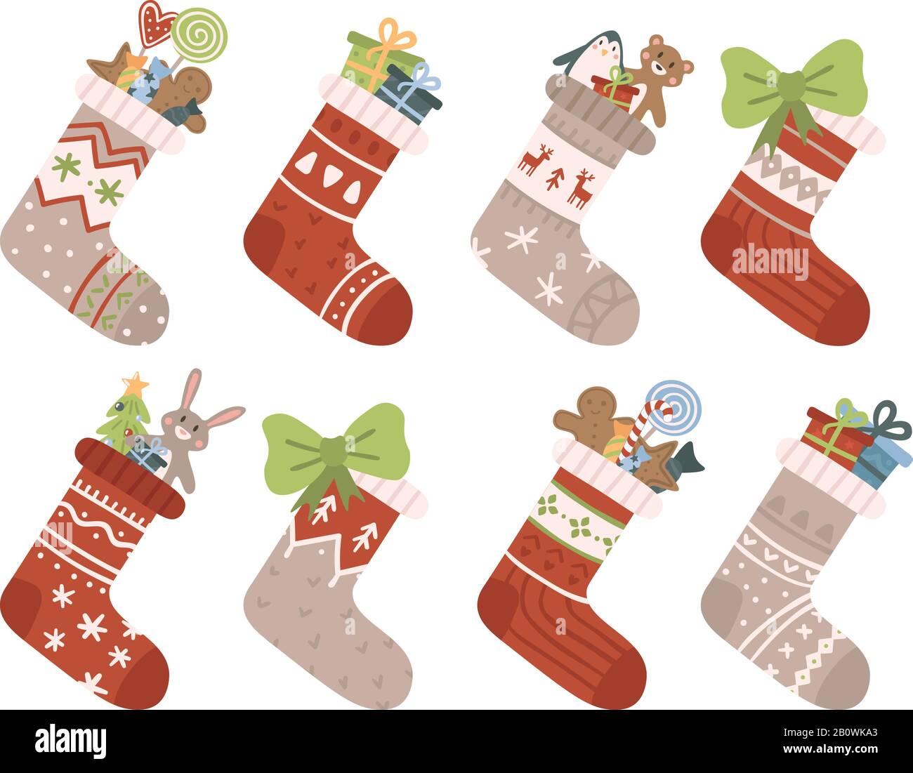 Calcetines navideños. Navidad media o calcetín con copos de nieve, muñeco de nieve y Santa. Venado y Santas helpers elves en medias vector conjunto Ilustración del Vector