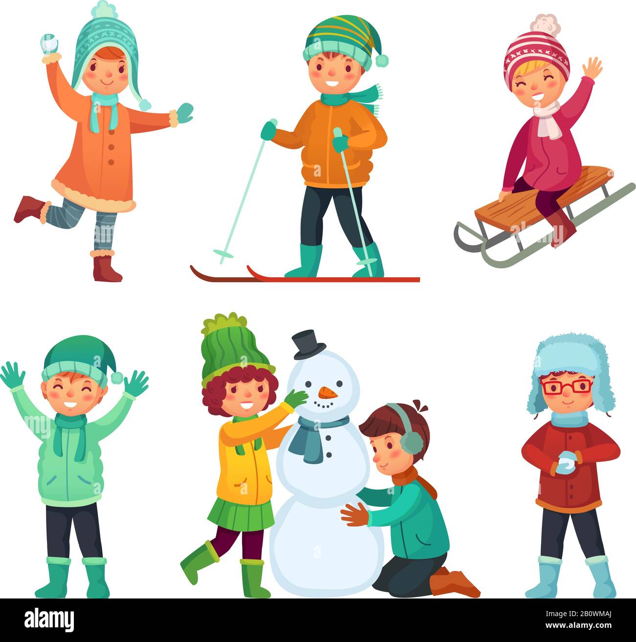 Dibujos animados niños de invierno. Los niños juegan en vacaciones de invierno, trineos tirados por perros y haciendo muñeco de nieve. Juego de vectores de caracteres para niños Ilustración del Vector