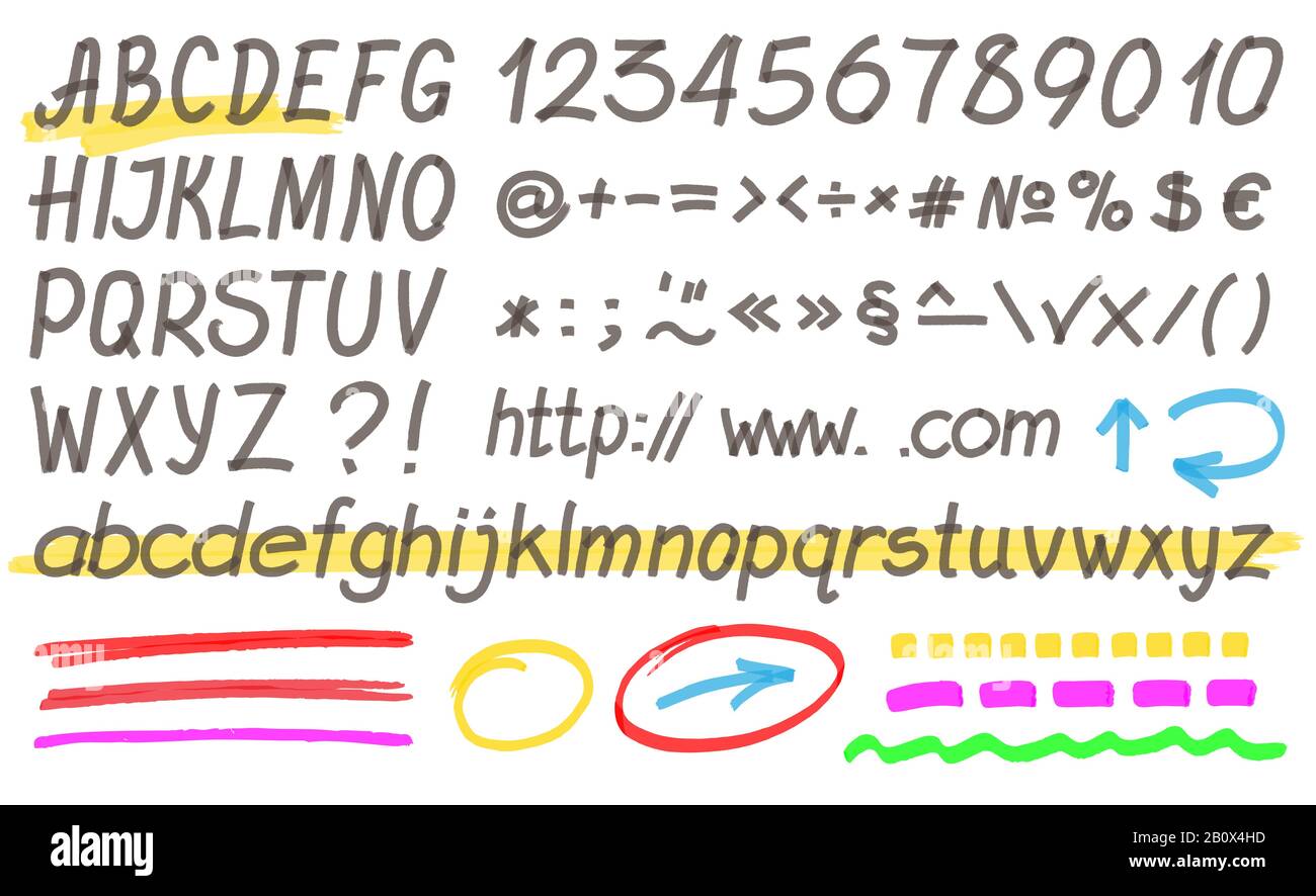 Alfabeto marcador manuscrito: Letras, números y símbolos. Optimizado para cambios de color con un solo clic. Vector EPS10 de colores transparentes. Ilustración del Vector
