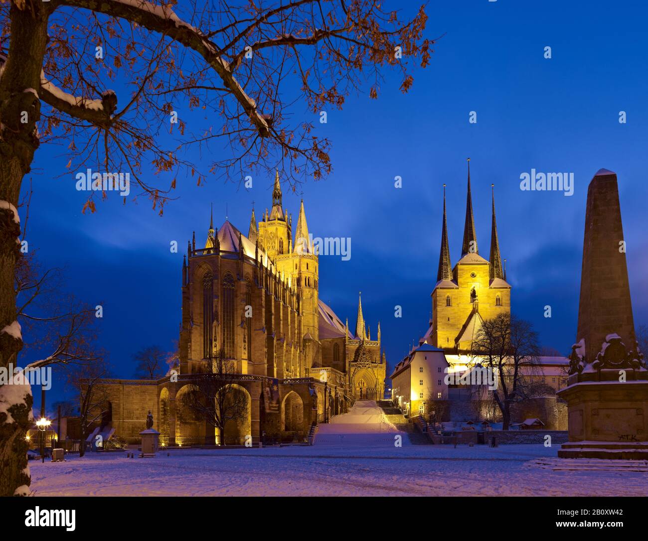 Plaza de la Catedral con la catedral y Severikirche, Erfurt, Turingia, Alemania, Foto de stock