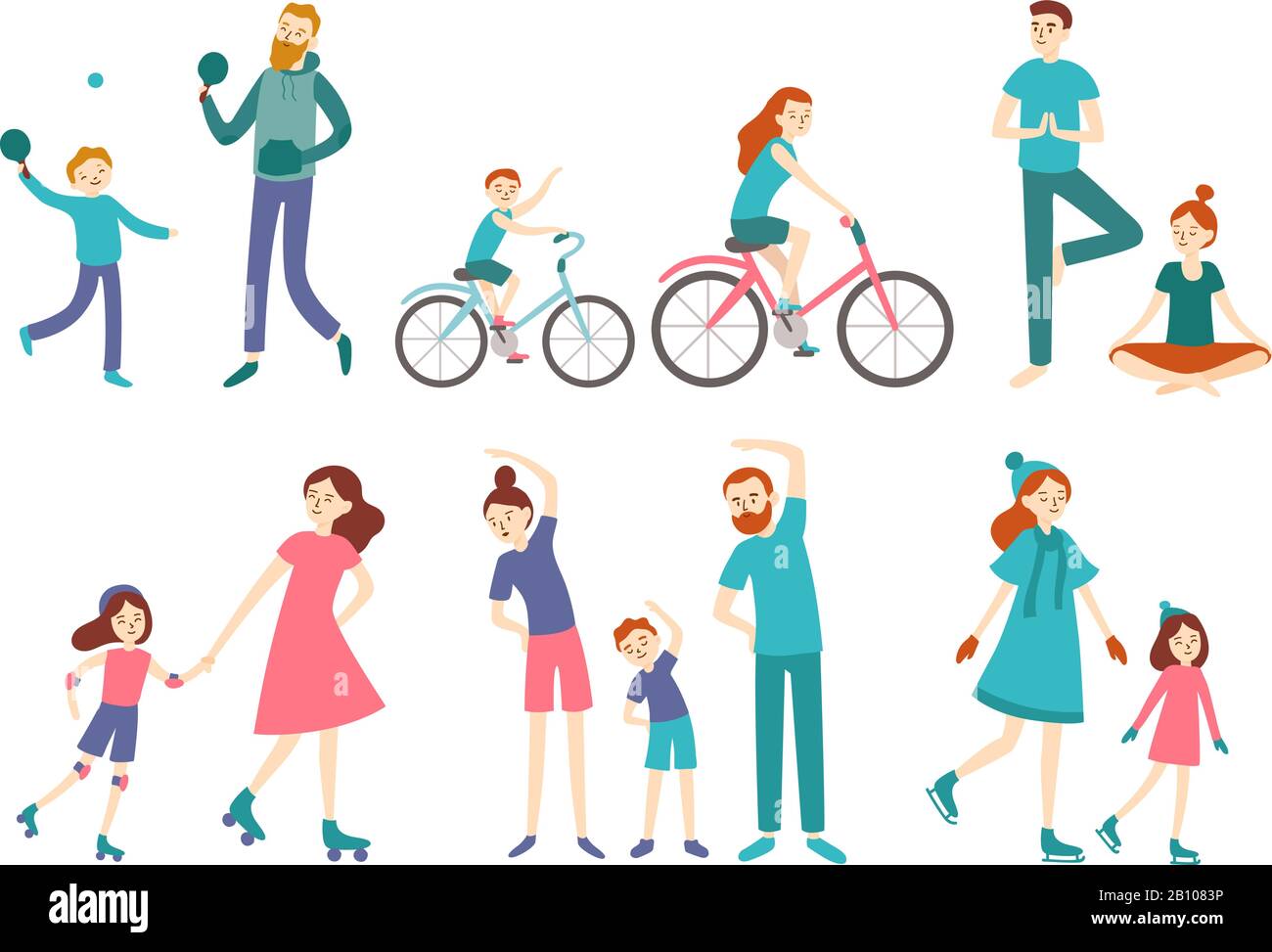 Deporte familia personas. Una pareja con niños en entrenamiento físico, ciclismo y jugar al tenis. Actividades deportivas estilo de vida ilustración vectorial Imagen Vector de stock - Alamy Deporte familia personas. Una pareja con niños en entrenamiento físico, ciclismo y jugar al tenis. Actividades deportivas estilo de vida ilustración vectorial Imagen Vector de stock - Alamy