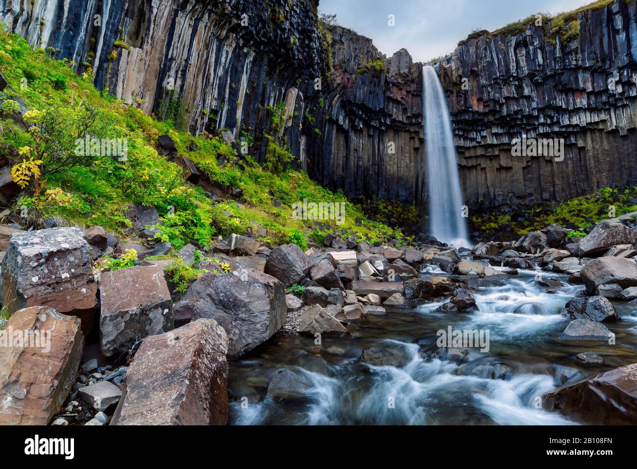 Cascada Svartifoss en otoño con curso de agua a largo plazo, Parque Nacional Skaftafell, Islandia Foto de stock