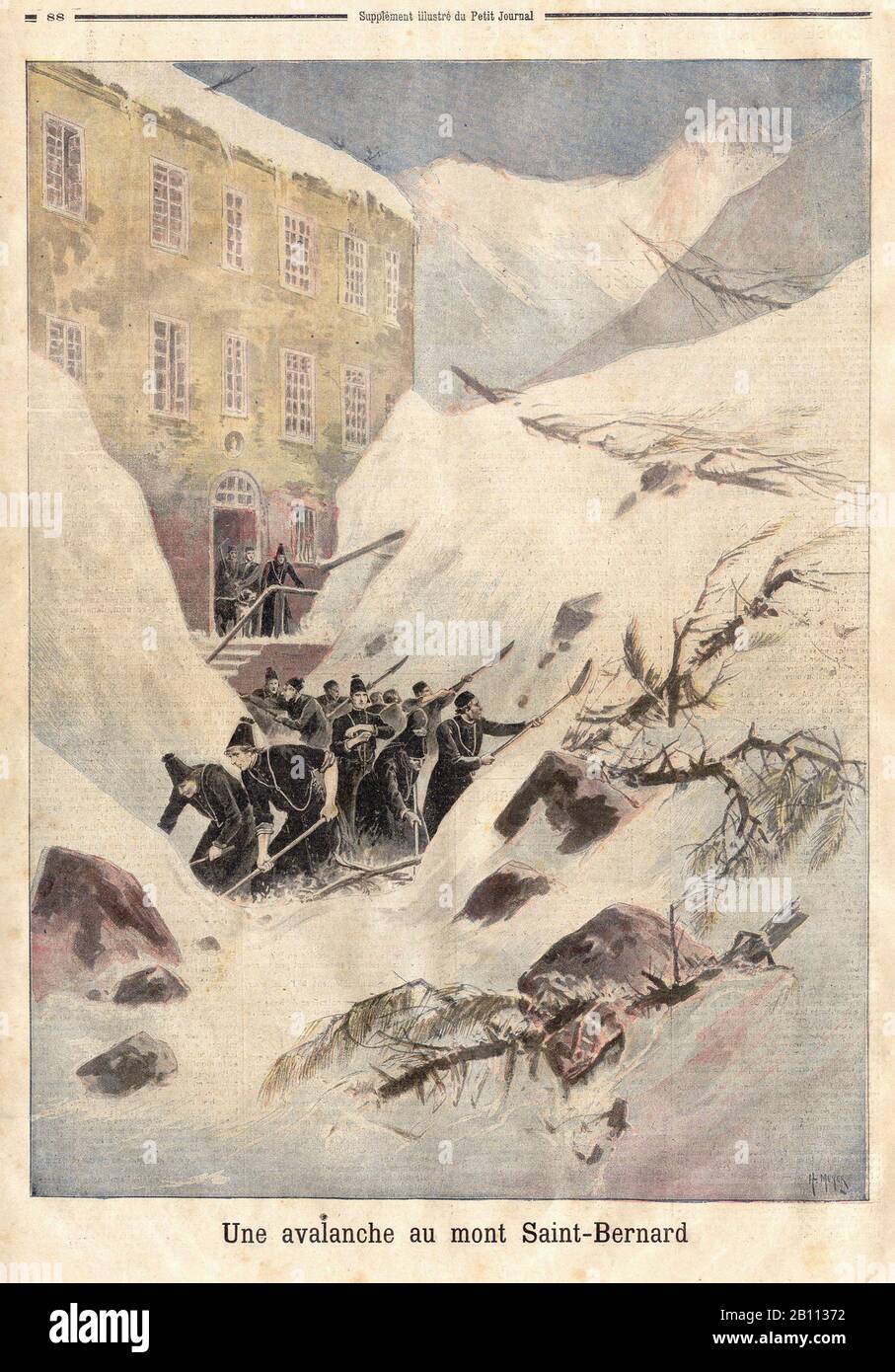 Une avalanche au mont Saint-Bernard - una avalancha en Mont Saint-Bernard - En el periódico francés 'le Petit Journal' - Foto de stock