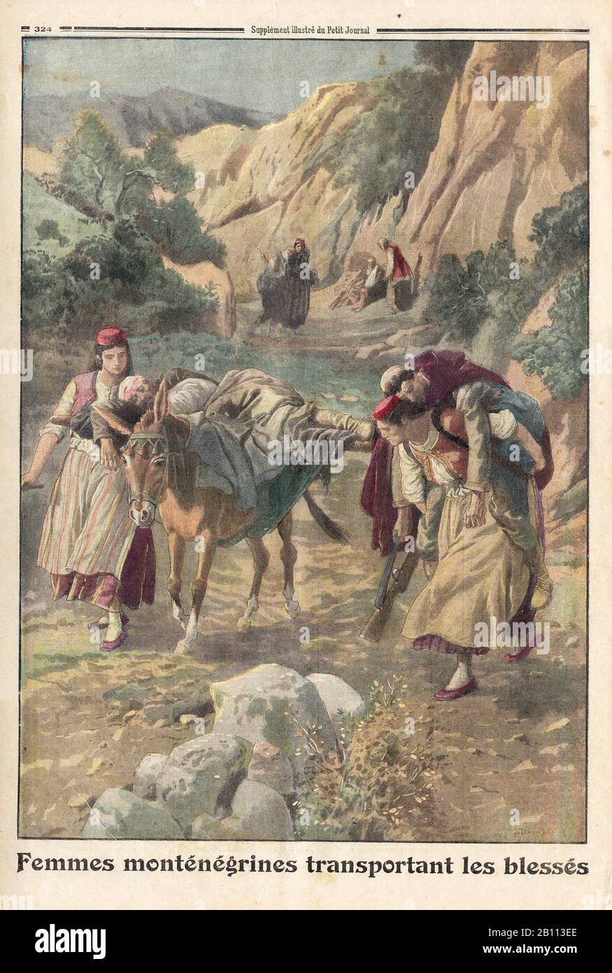 Femmes monténégrines transportant les blessés - mujeres montenegrinas portadoras de heridos - En el periódico francés 'le Petit Journal' - Foto de stock