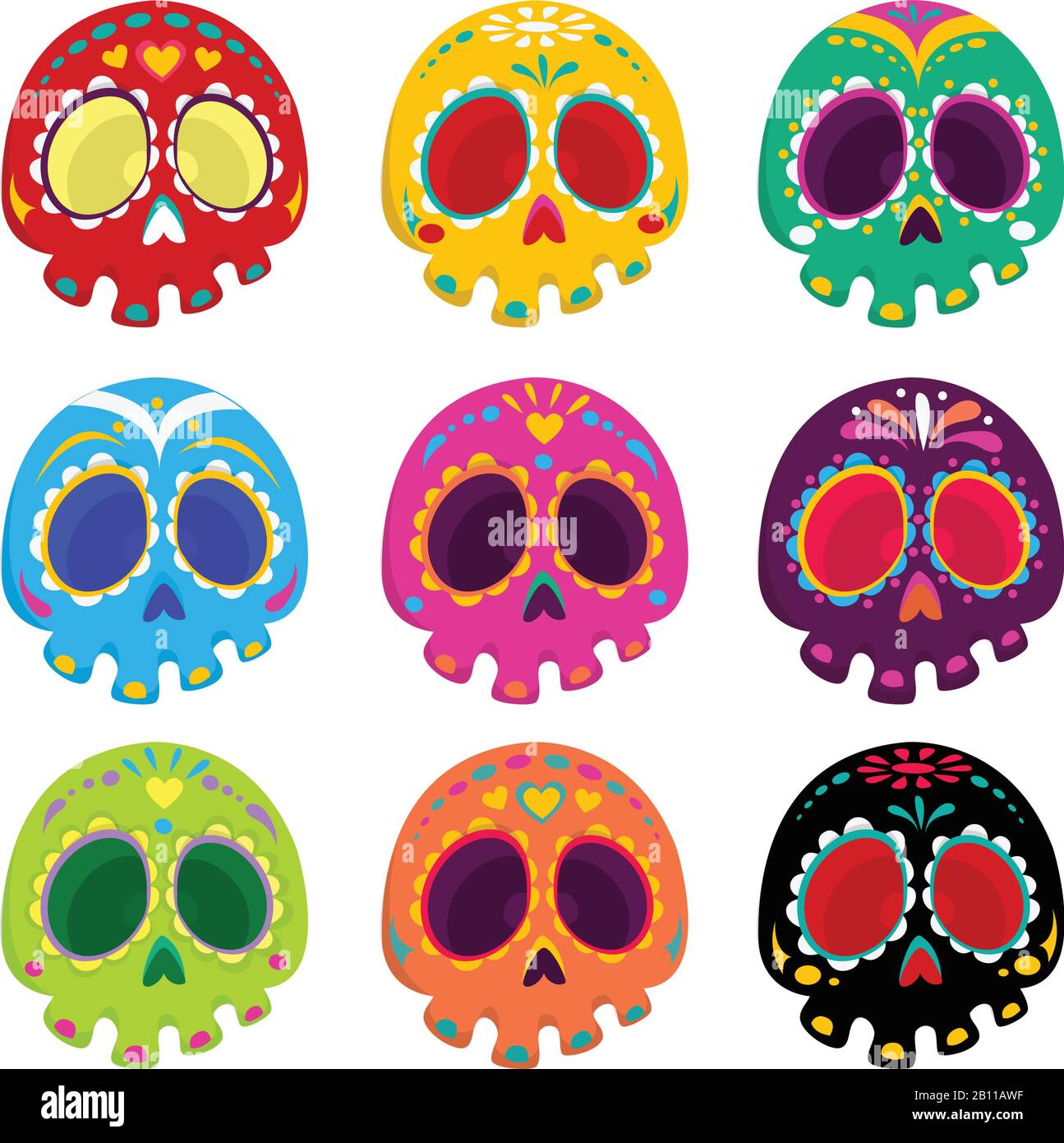 Conjunto de calaveras de colores estampados, día mexicano de los muertos  Imagen Vector de stock - Alamy