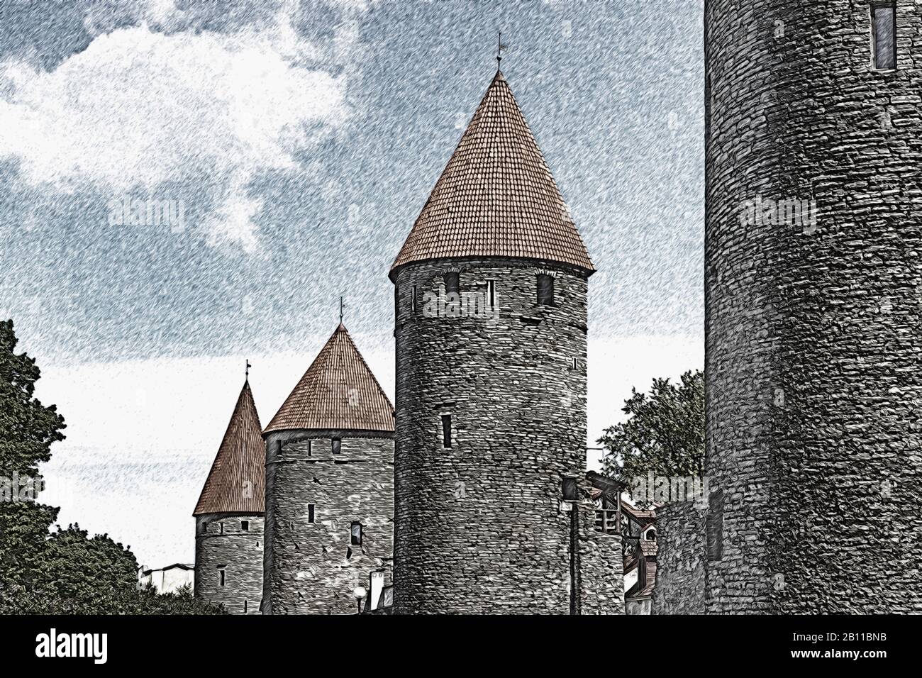 Torres y muralla de la ciudad en la Plaza de las Torres. La Plaza de las  Torres es un parque en la antigua muralla de la ciudad, Tallin, Estonia,  Estados Bálticos, Europa