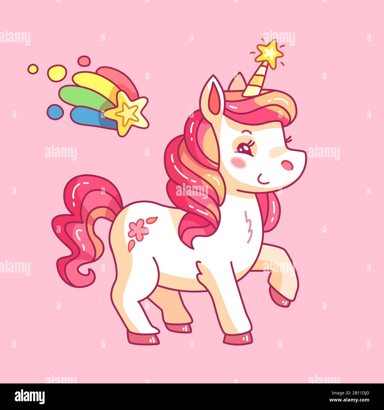 Unicornios mágicos. bebé pequeños animales de cuento de hadas pony caballo  personajes de color rosa con arco iris para niñas. ilustración unicornio  caballo, poni mágico, arco iris de cuento de hadas